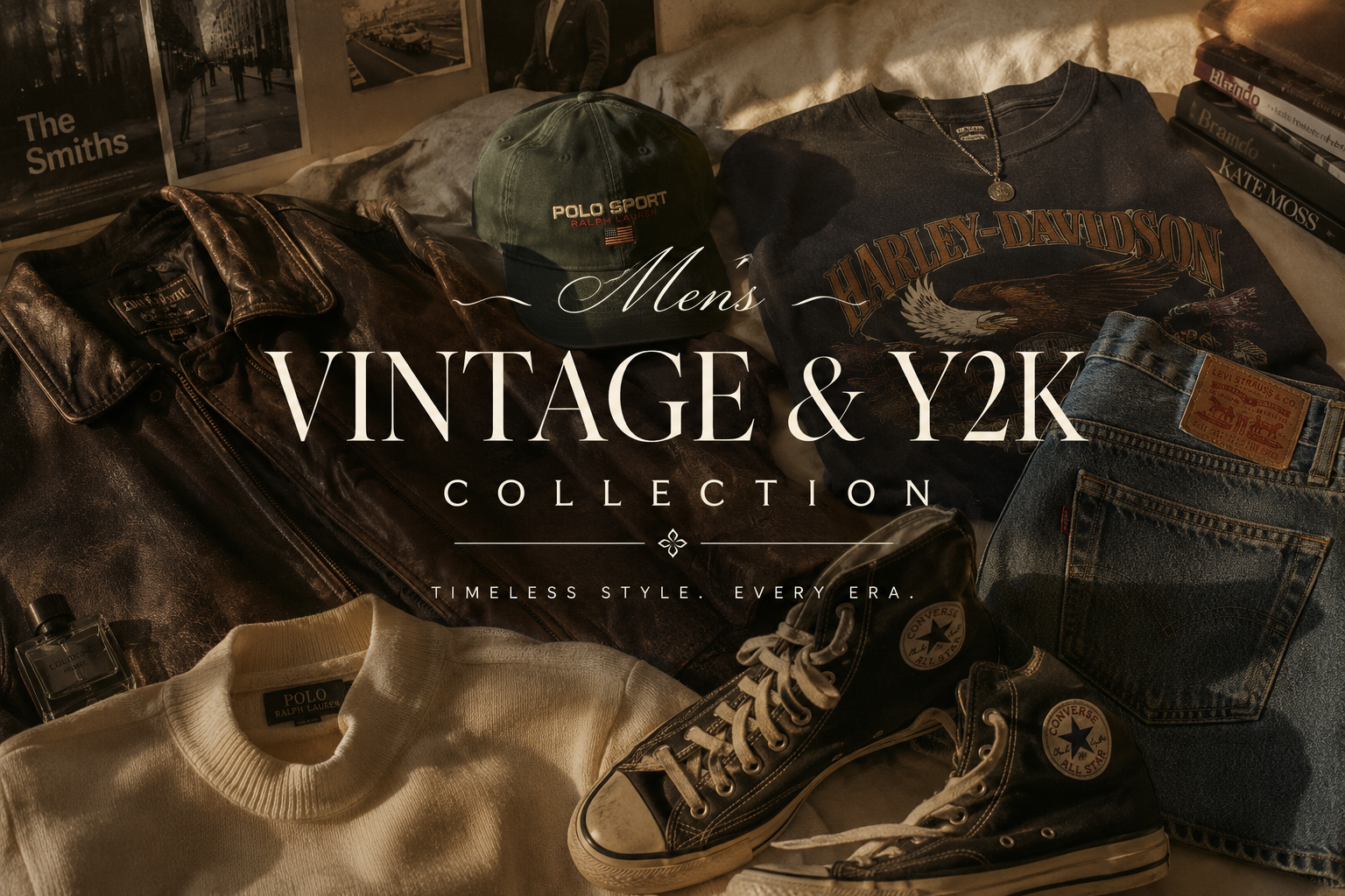 A styled flat-lay collection of vintage and Y2K men's clothing and accessories, including a dark graphic T-shirt, blue jeans, a cream sweater, black high-top sneakers, a leather jacket, a Polo Sport cap, and books, with the text 'Men's VINTAGE & Y2K COLLECTION' overlaid in the center.