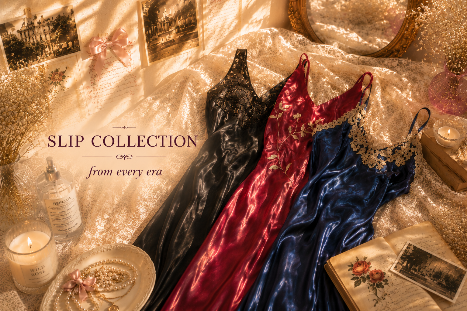 Three satin slip dresses in black, deep red, and navy blue are arranged on a shimmering gold fabric surface with vintage props, candles, and framed photos. Text on the left reads 'SLIP COLLECTION from every era'.