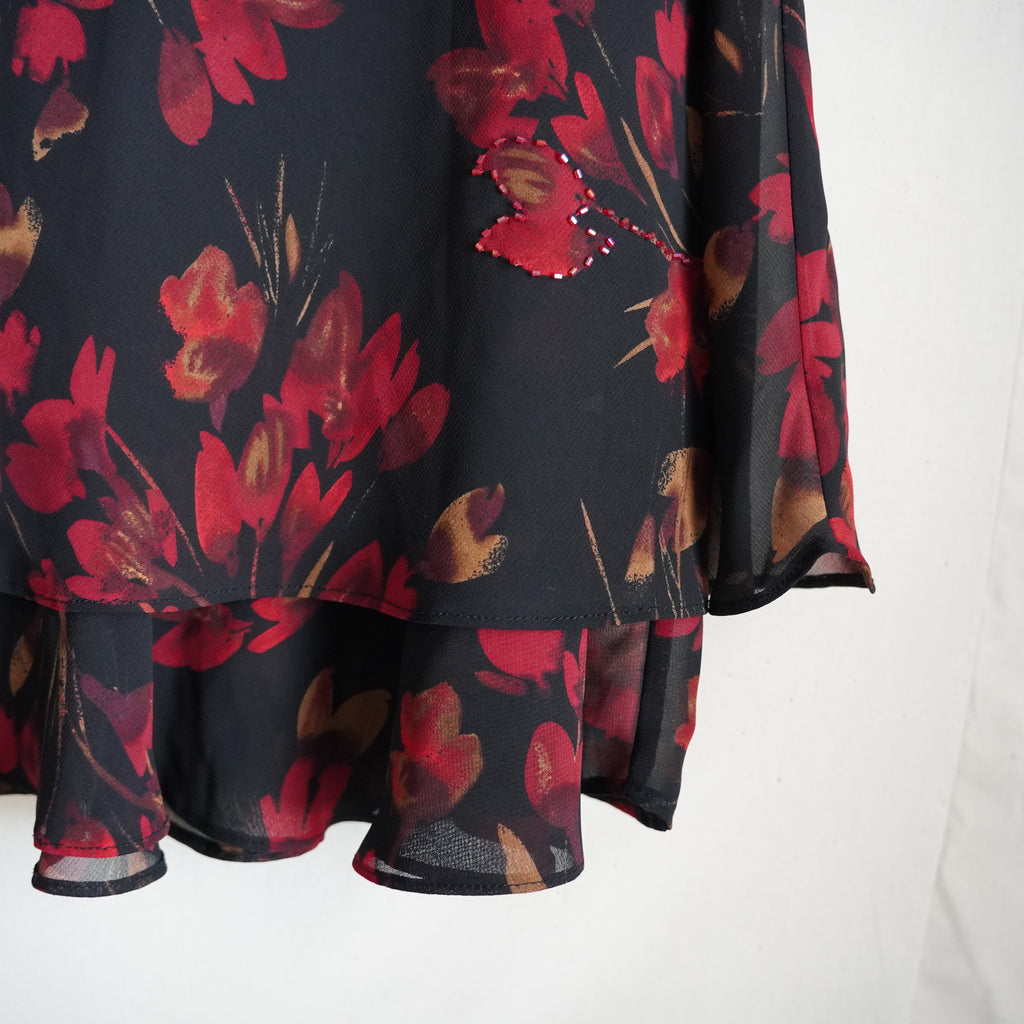 Vintage Y2K JM Collection Floral Chiffon Midi Skirt 10P Beaded Ruffle Black Red
