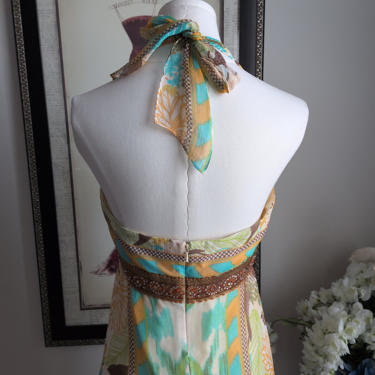 Nicole Miller Studio 100% Silk Halter Maxi Dress Tropical Beaded Empire Waist Size 4