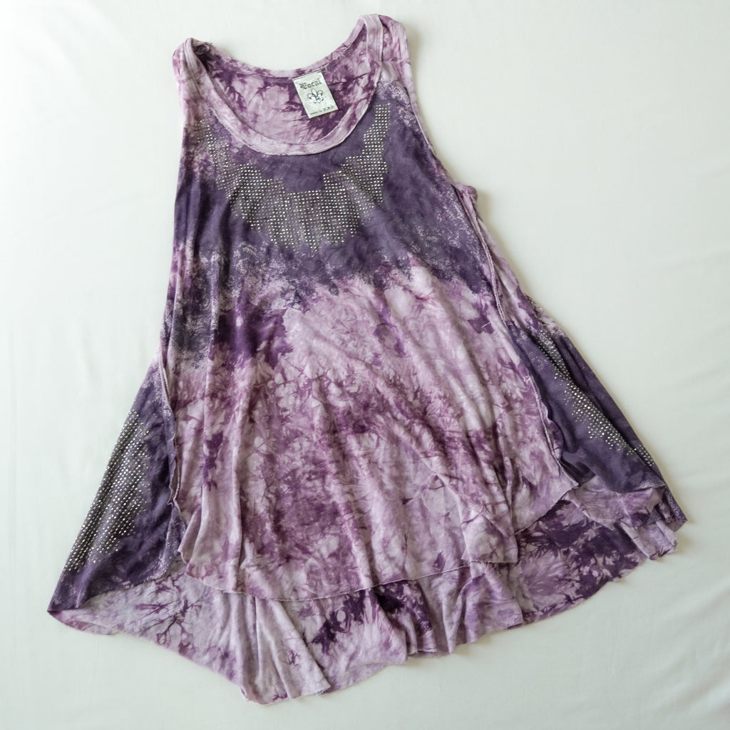 Vocal Purple Tie-Dye Rhinestone Swing Tank Top Made in USA Size Large