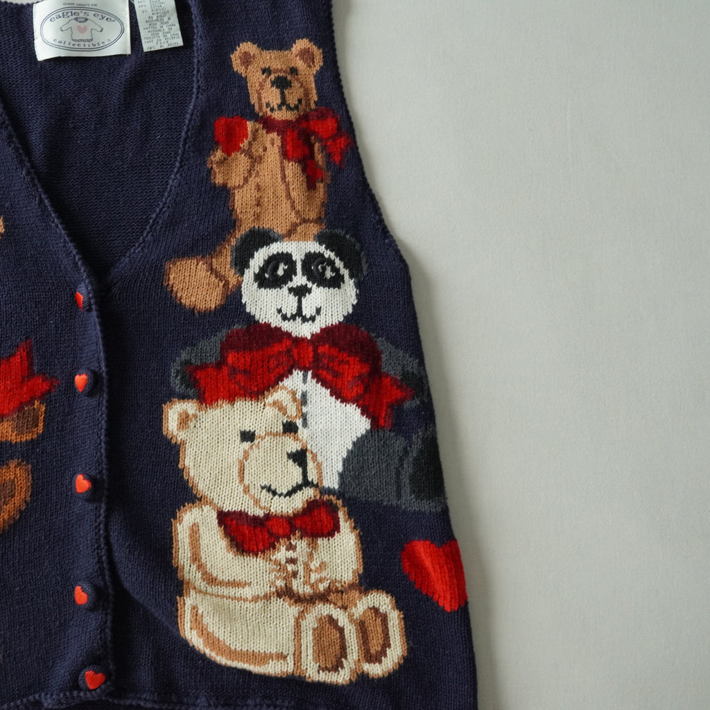 Vintage Eagle's Eye Teddy Bear Knit Sweater Vest Navy Ramie Cotton Cardigan – Size Small