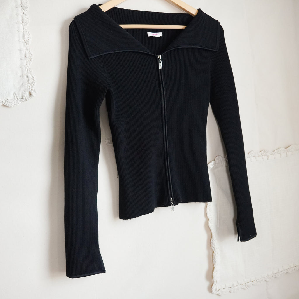 Y2K Cache Black Ribbed Knit Two Way Zip Wide Collar Fitted Cardigan Top S