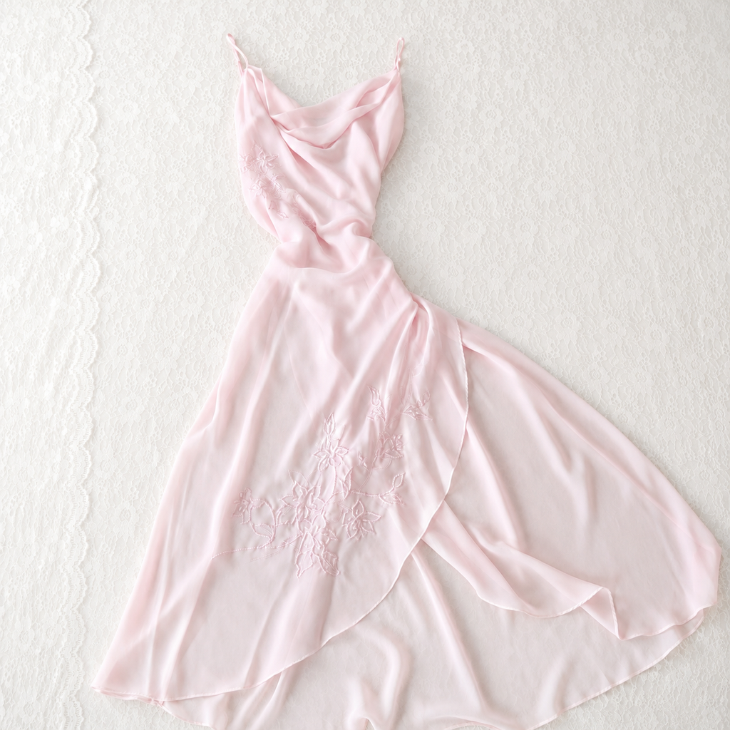 Delicates Pink Chiffon Beaded Slip Dress | Y2K | Large