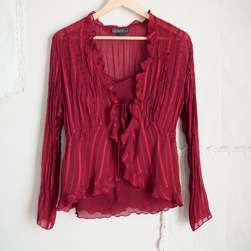 Y2K Elementz Red Sheer Ruffle Blouse Detachable Tank Top Women’s M