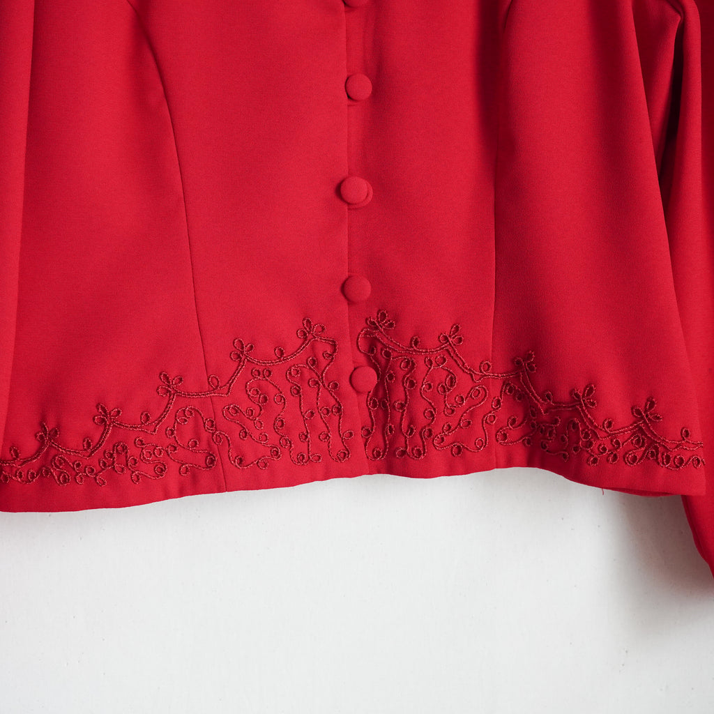 Vintage Karin Stevens Red Embroidered Cropped Jacket Blazer Size 6