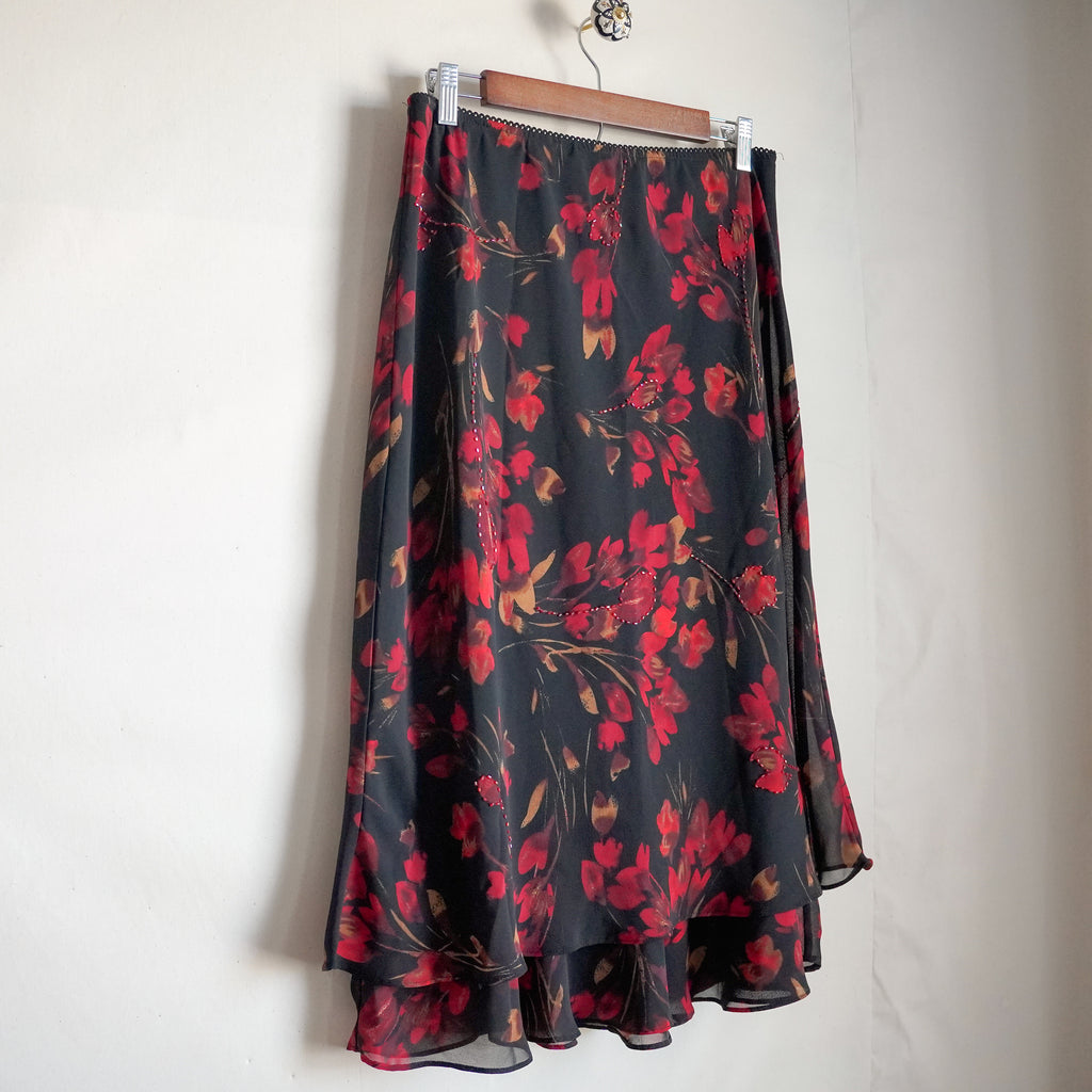 Vintage Y2K JM Collection Floral Chiffon Midi Skirt 10P Beaded Ruffle Black Red