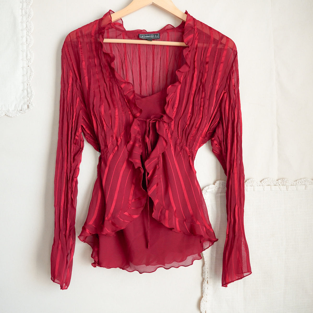 Y2K Elementz Red Sheer Ruffle Blouse Detachable Tank Top Women’s M
