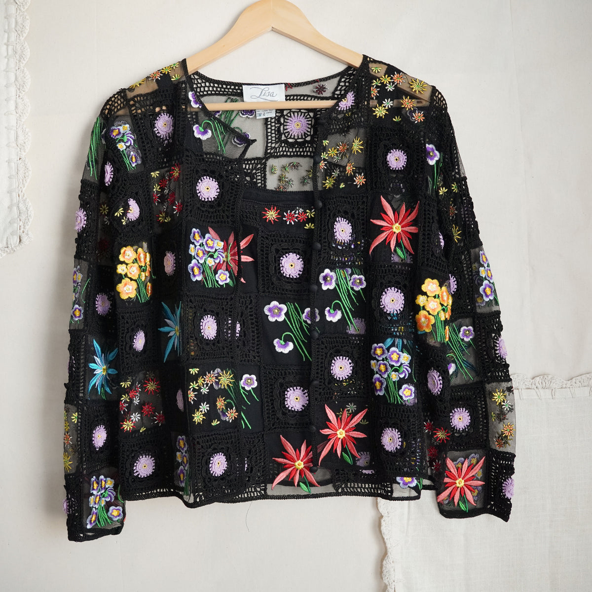 Lisa Crochet Floral Embroidered Cardigan & Tank Top Set | Vintage | Size S