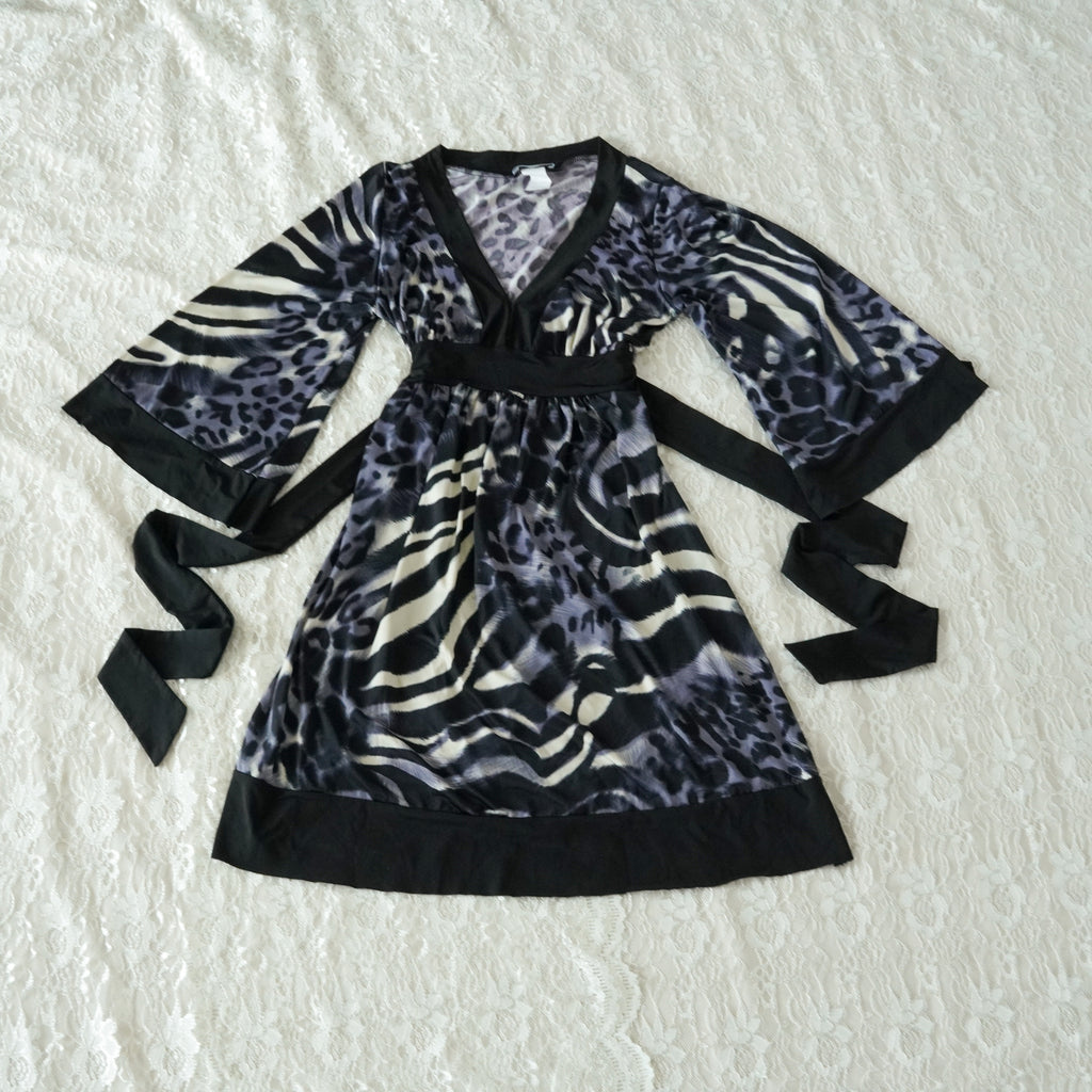 Body Central Animal Print Bell Sleeve Mini Dress | Empire Waist | Made in USA | Medium