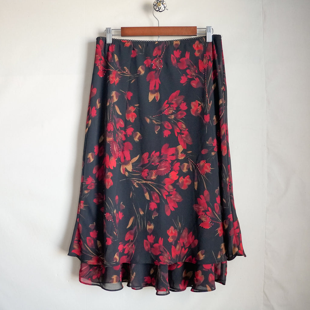 Vintage Y2K JM Collection Floral Chiffon Midi Skirt 10P Beaded Ruffle Black Red
