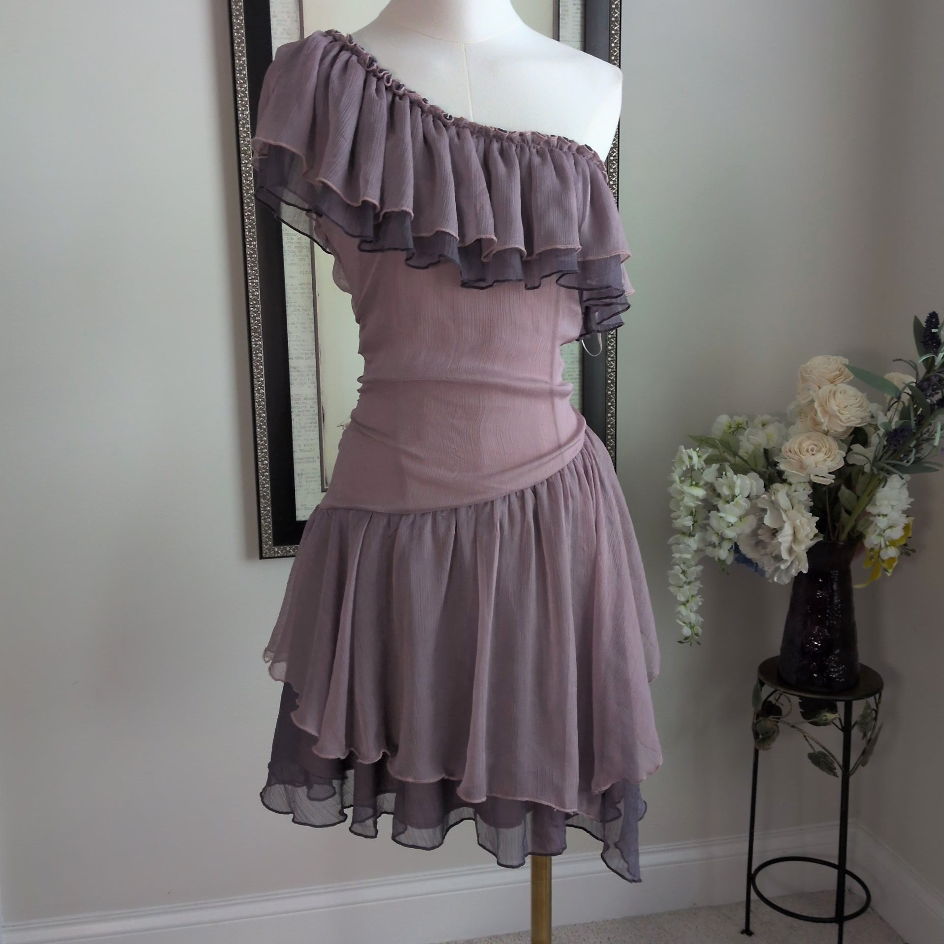 Cece Collection One Shoulder Chiffon Ruffle Mini Dress |Modern | Small