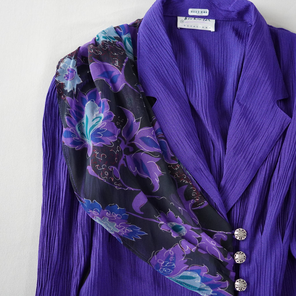 Berkertex Occasions Purple Crinkle Blazer with Floral Chiffon Accent – Size 14