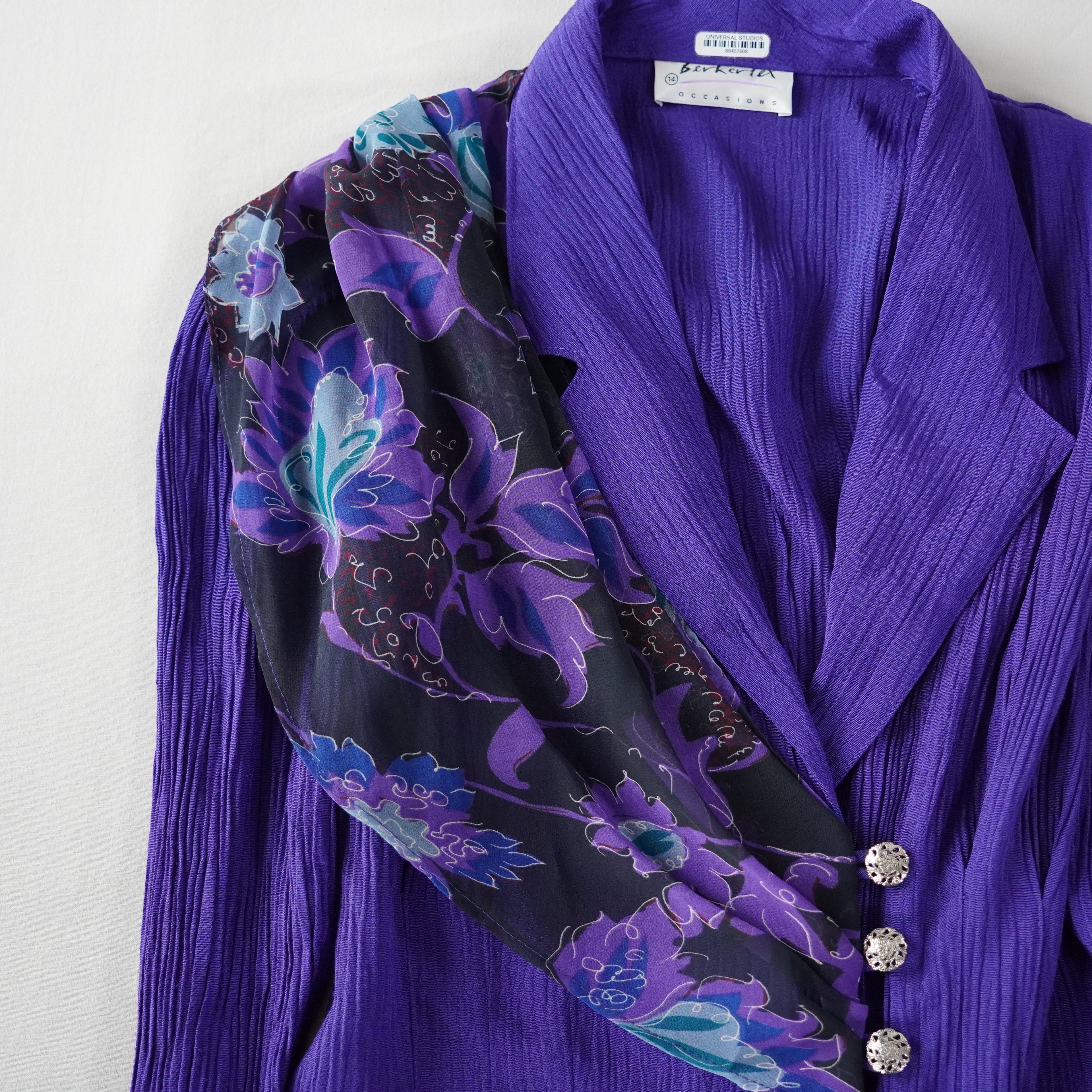 Berkertex Occasions Purple Crinkle Blazer with Floral Chiffon Accent – Size 14