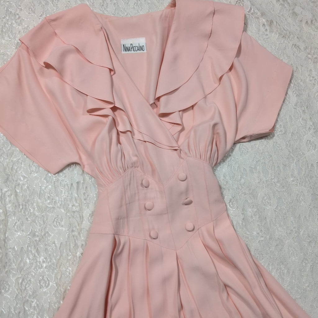 Nina Piccalino Blush Pink Ruffle Midi Dress | Vintage | Size Small