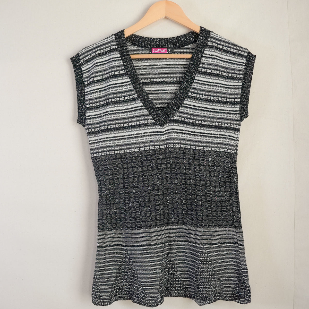 Vintage Say What? Metallic Black Silver Striped Knit Tunic Top Large Made in USA