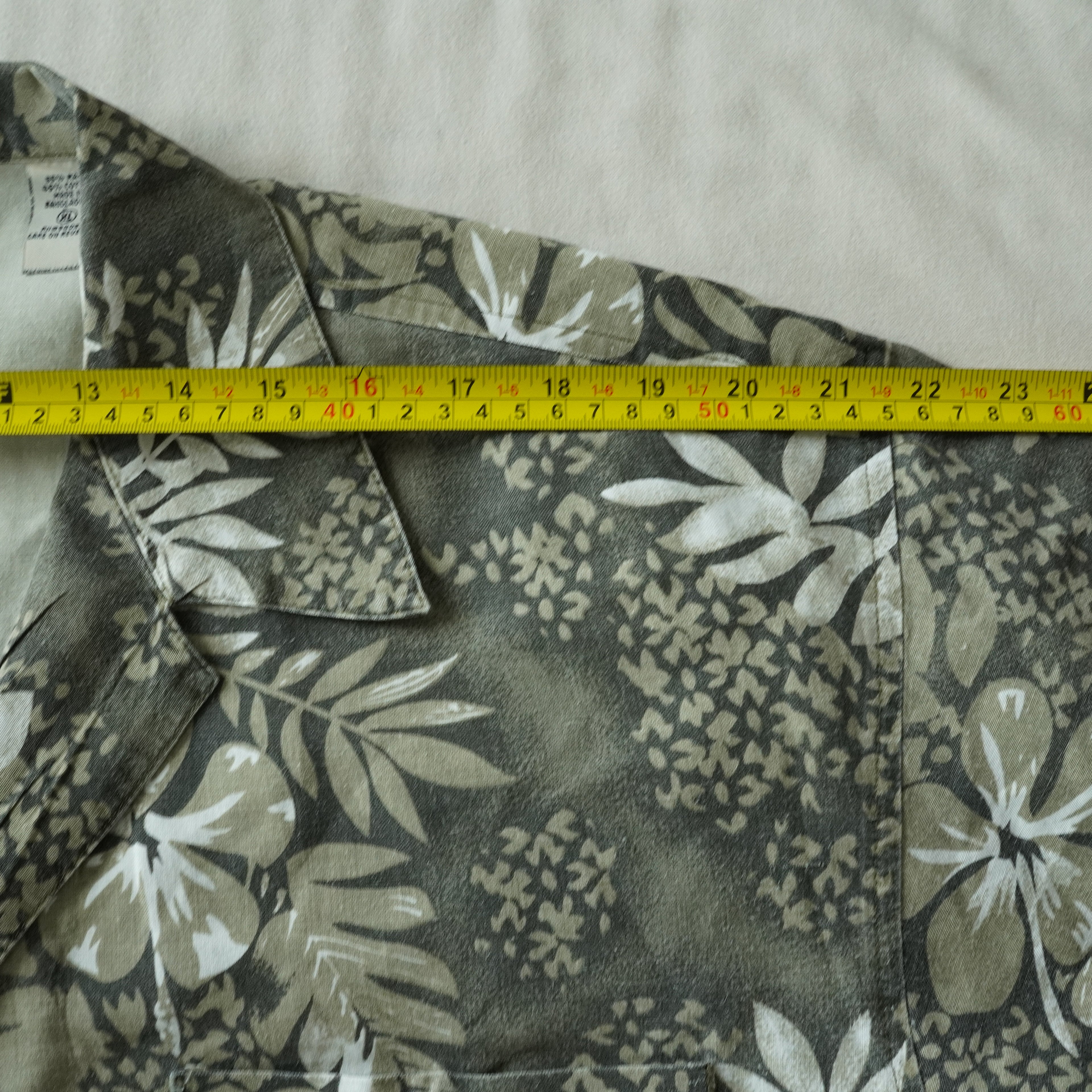 Vintage Bugle Boy Hawaiian Camp Shirt Gray Floral Ramie Cotton Button-Up | XL