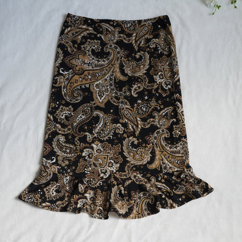 BCBGMAXAZRIA Paisley Ruffle Hem Midi Skirt | XS