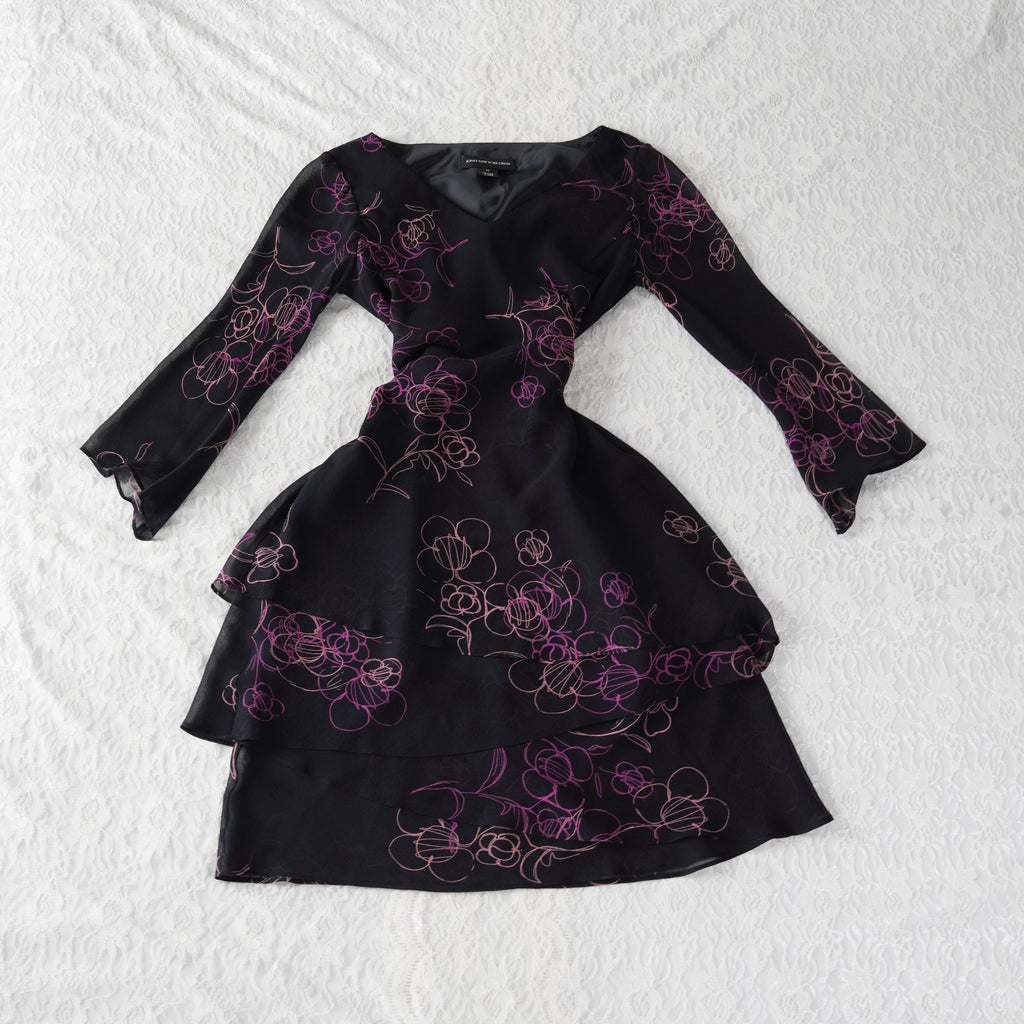 Jones New York Black Floral Tiered Chiffon Dress | Y2K | Size 10