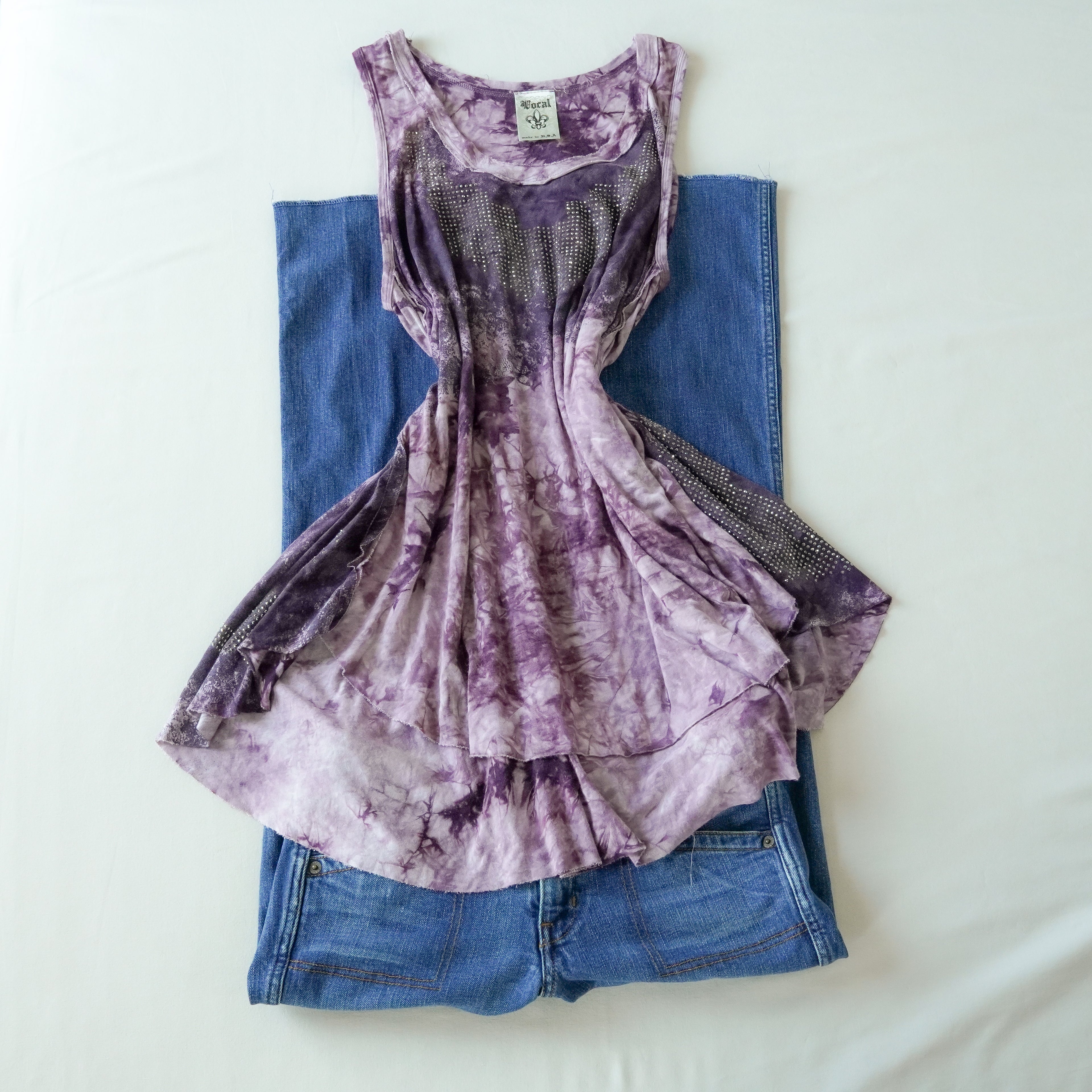 Vocal Purple Tie-Dye Rhinestone Swing Tank Top Made in USA Size Large
