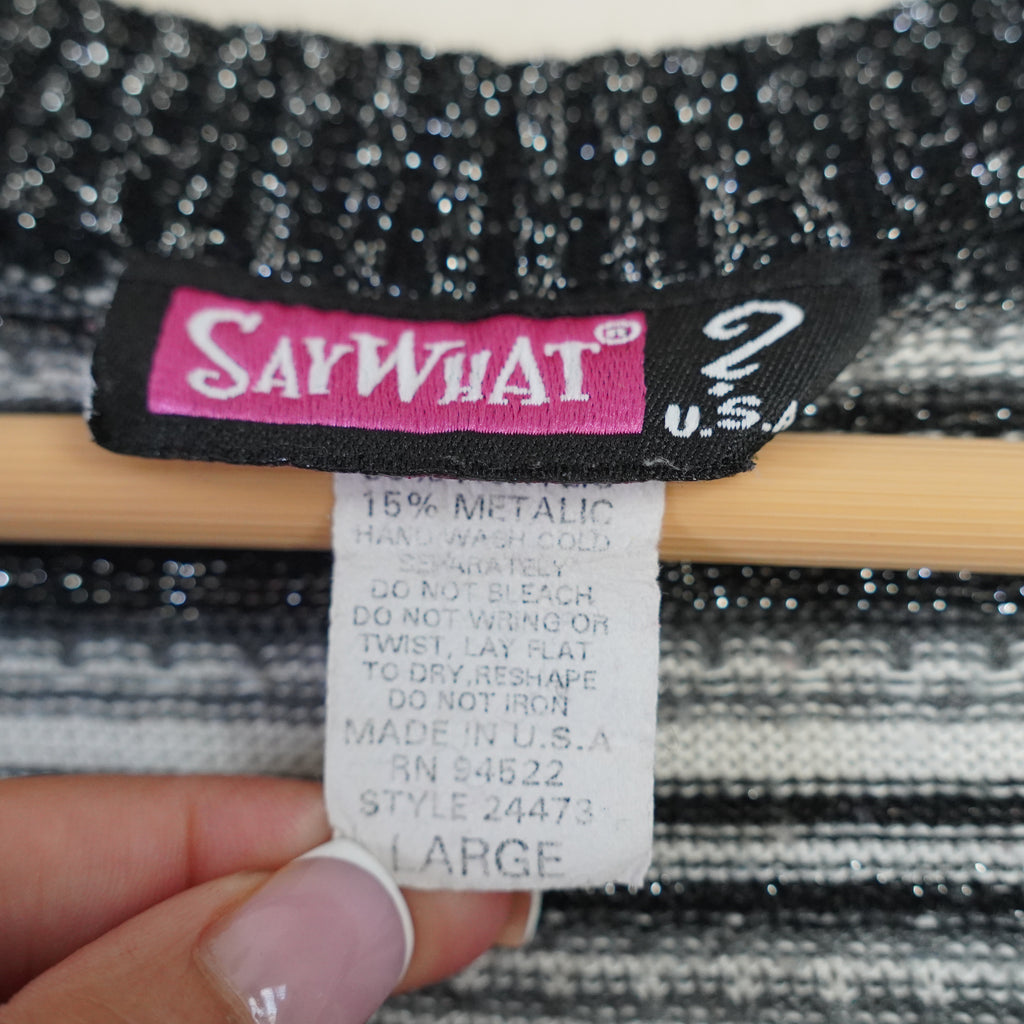 Vintage Say What? Metallic Black Silver Striped Knit Tunic Top Large Made in USA
