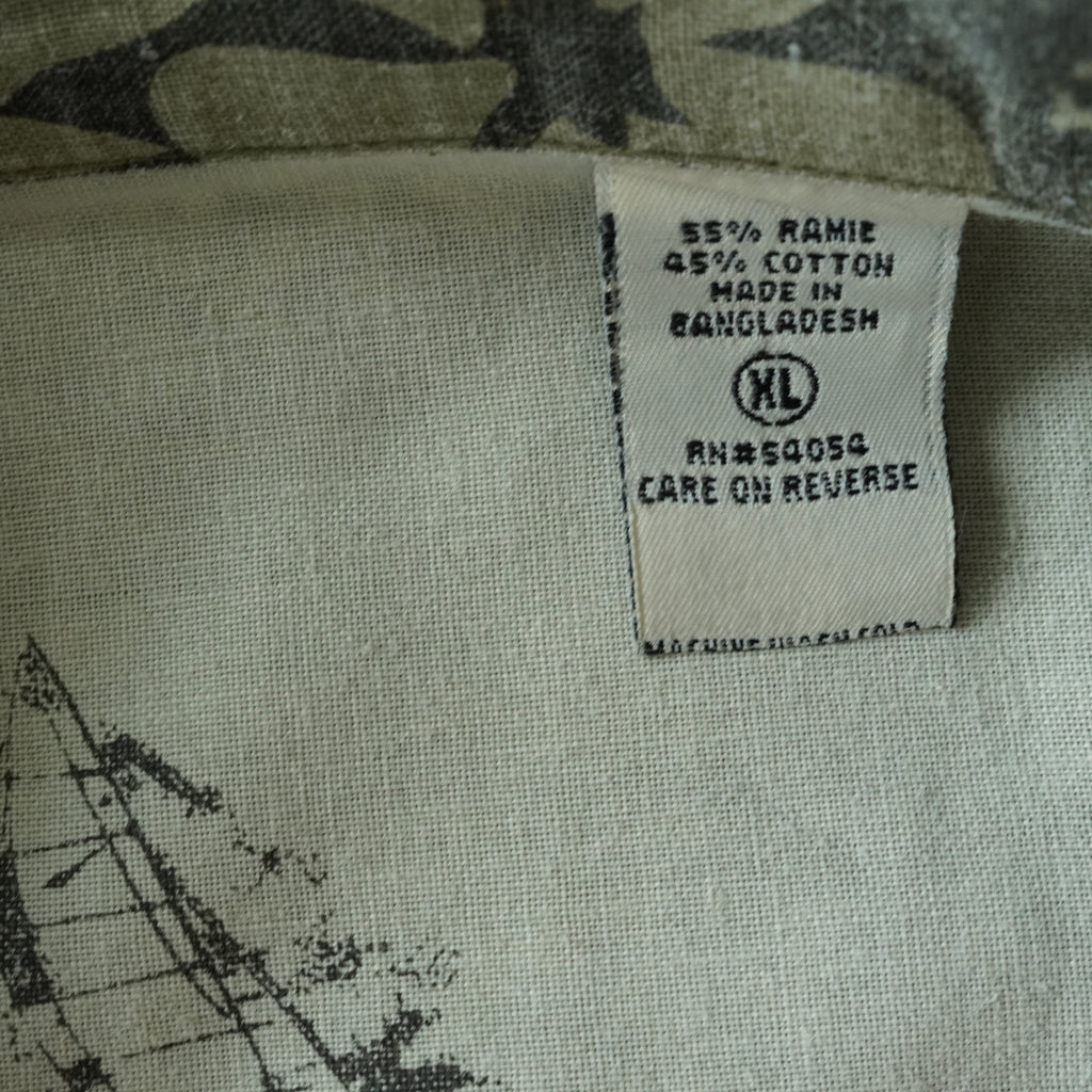 Vintage Bugle Boy Hawaiian Camp Shirt Gray Floral Ramie Cotton Button-Up | XL