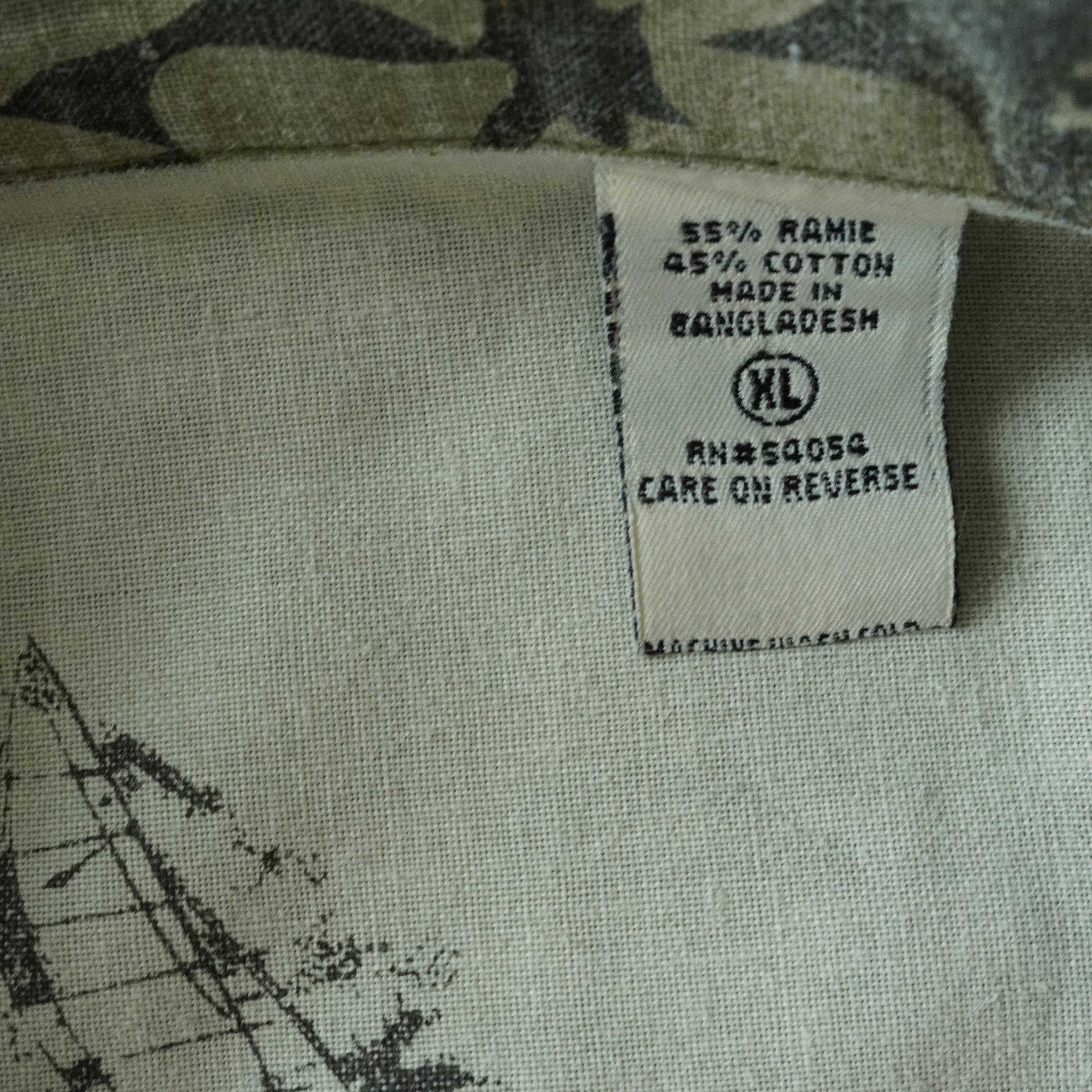Vintage Bugle Boy Hawaiian Camp Shirt Gray Floral Ramie Cotton Button-Up | XL