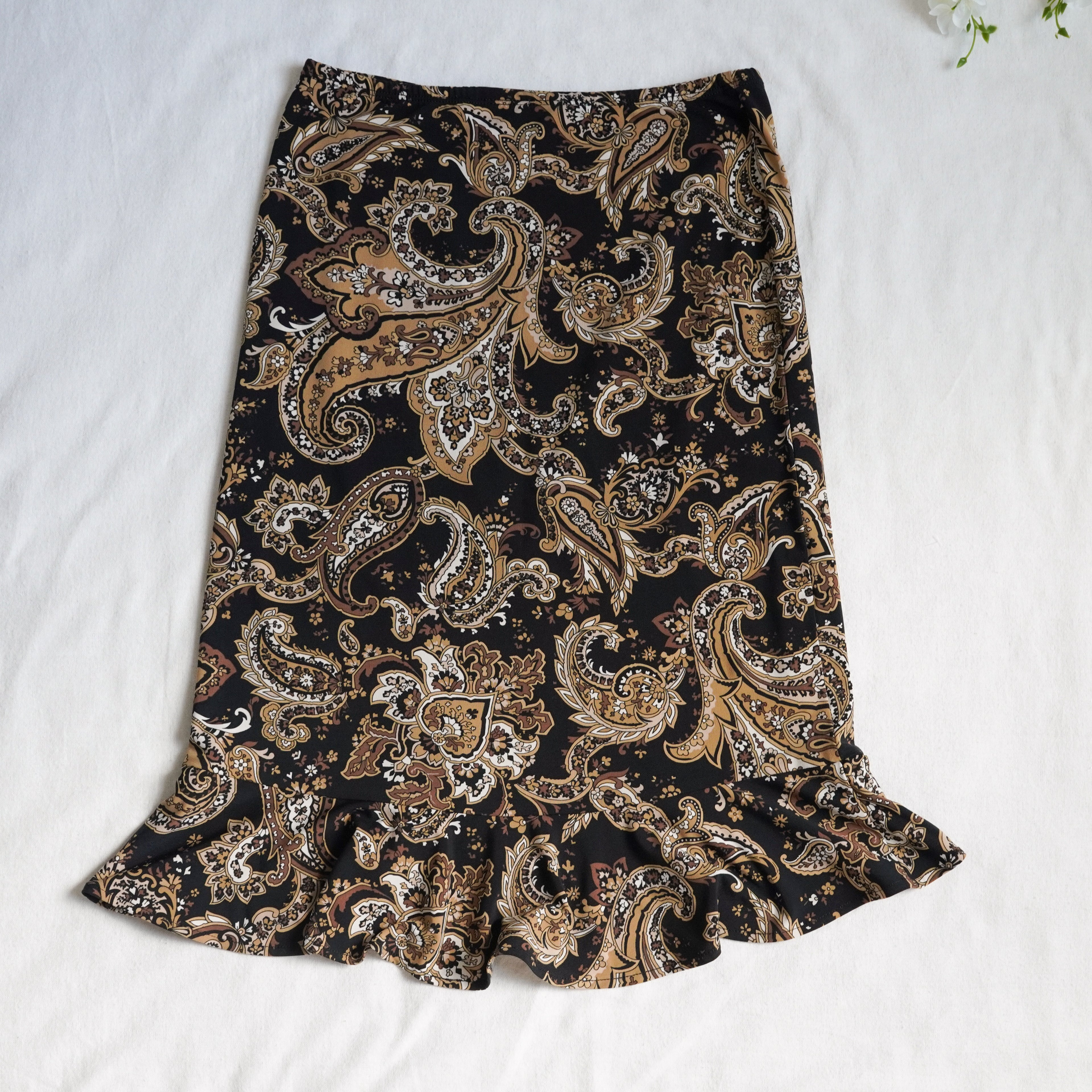 BCBGMAXAZRIA Paisley Ruffle Hem Midi Skirt | XS