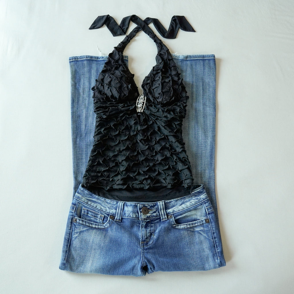 Y2K Lipstick Black Ruffle Halter Top | Y2K | Small