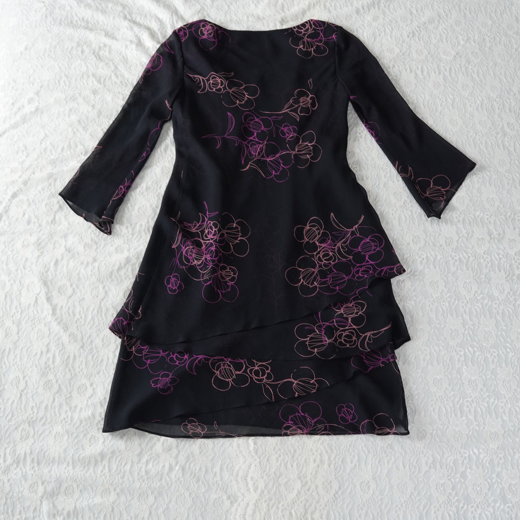 Jones New York Black Floral Tiered Chiffon Dress | Y2K | Size 10