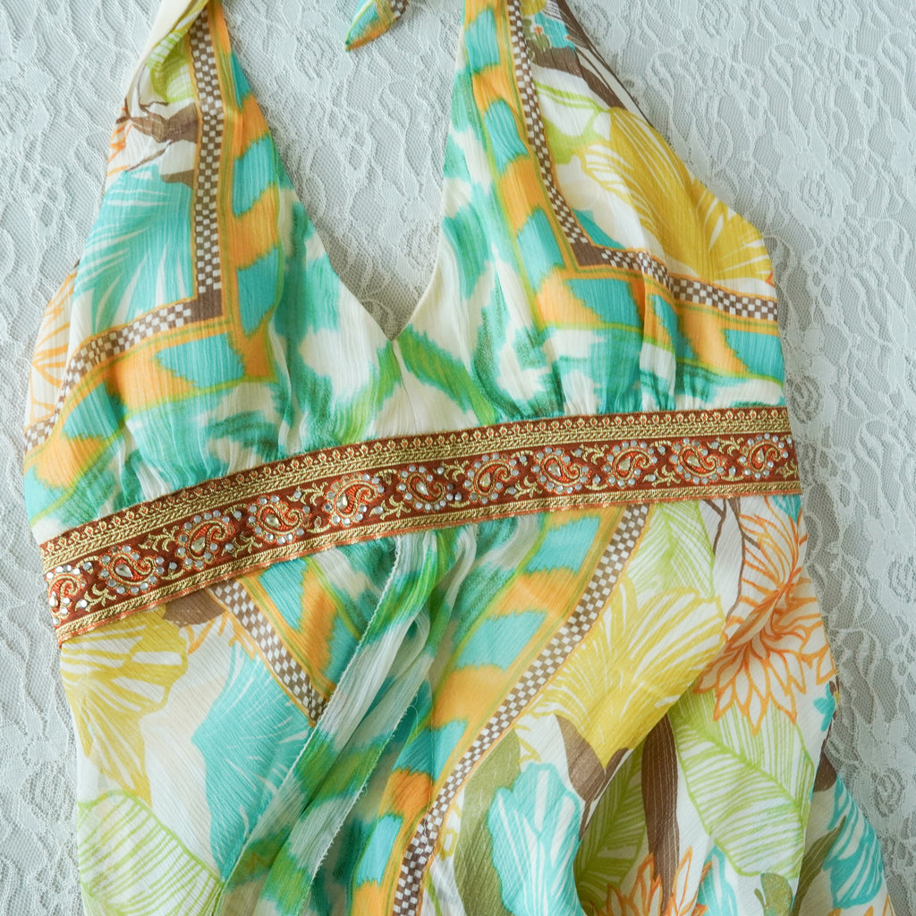Nicole Miller Studio 100% Silk Halter Maxi Dress Tropical Beaded Empire Waist Size 4