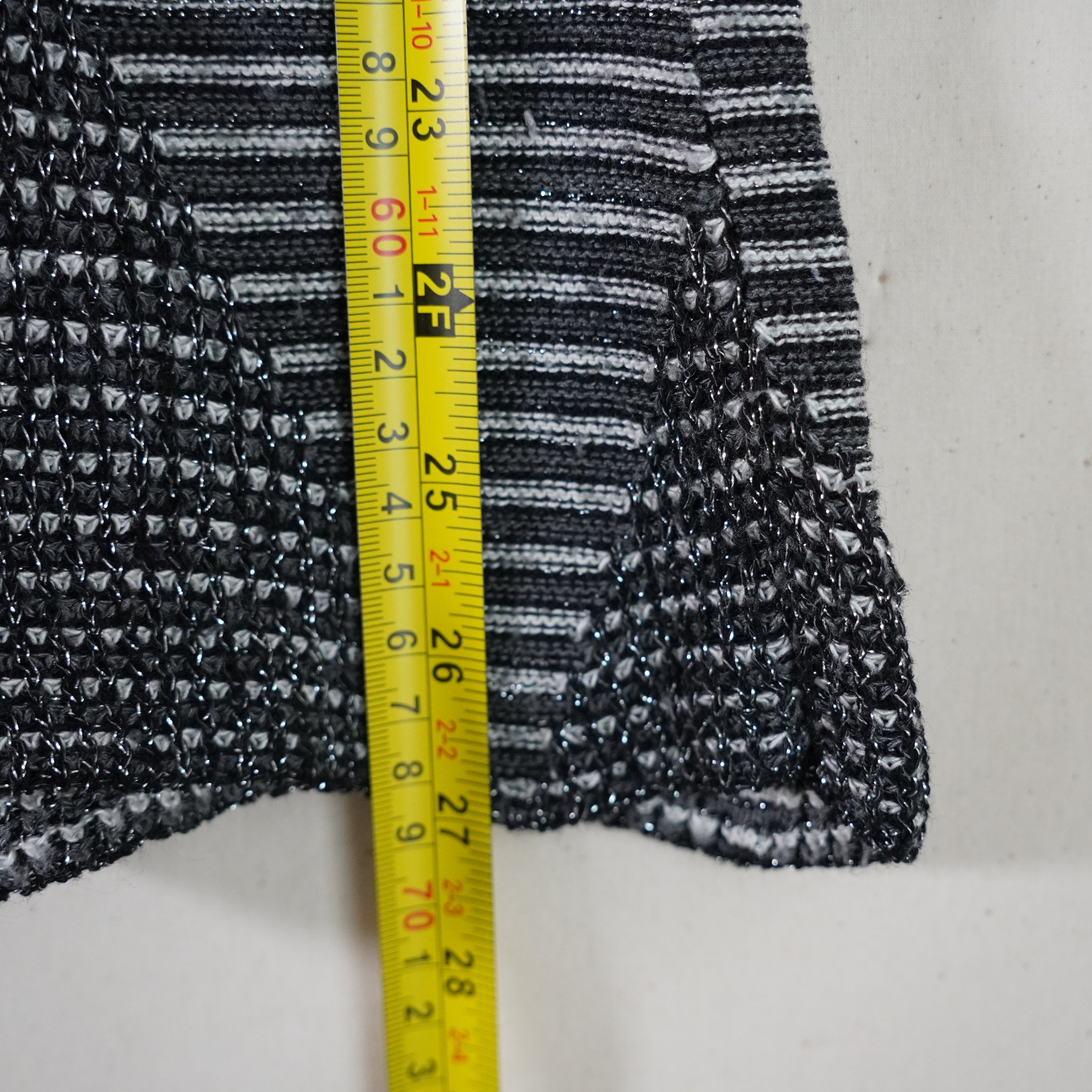 Vintage Say What? Metallic Black Silver Striped Knit Tunic Top Large Made in USA