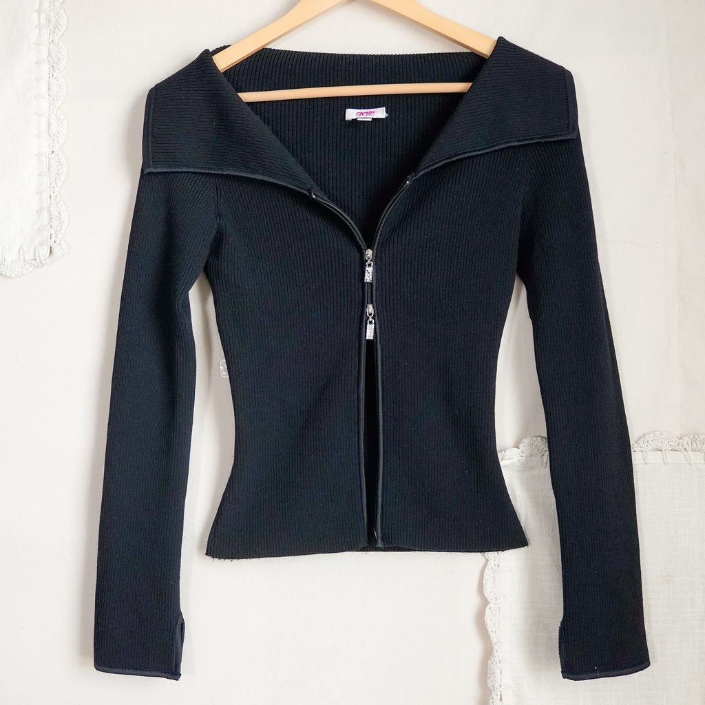 Y2K Cache Black Ribbed Knit Two Way Zip Wide Collar Fitted Cardigan Top S