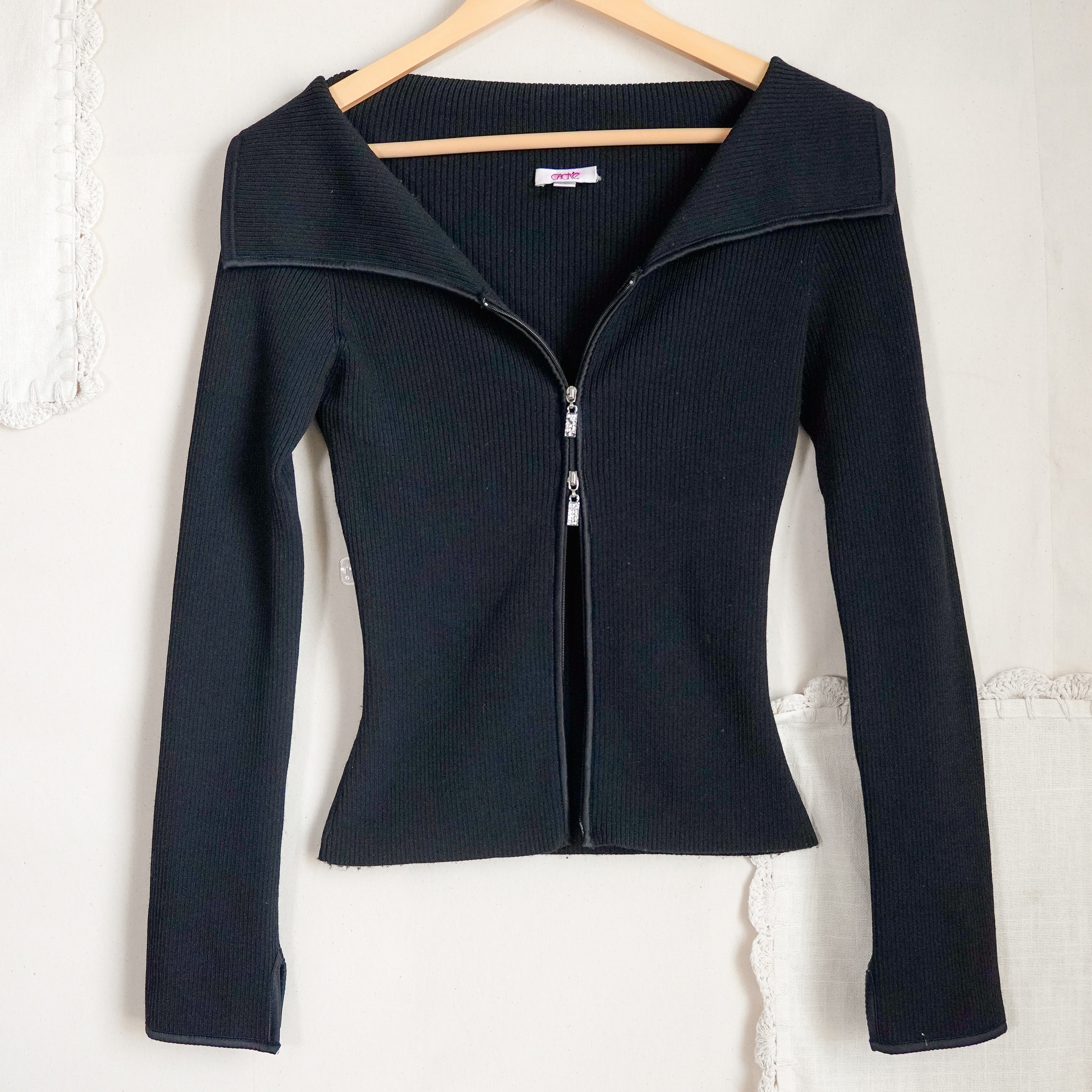 Y2K Cache Black Ribbed Knit Two Way Zip Wide Collar Fitted Cardigan Top S