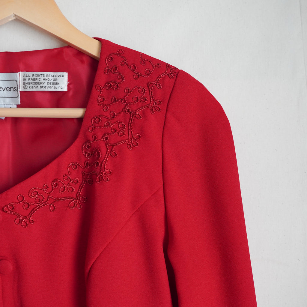 Vintage Karin Stevens Red Embroidered Cropped Jacket Blazer Size 6