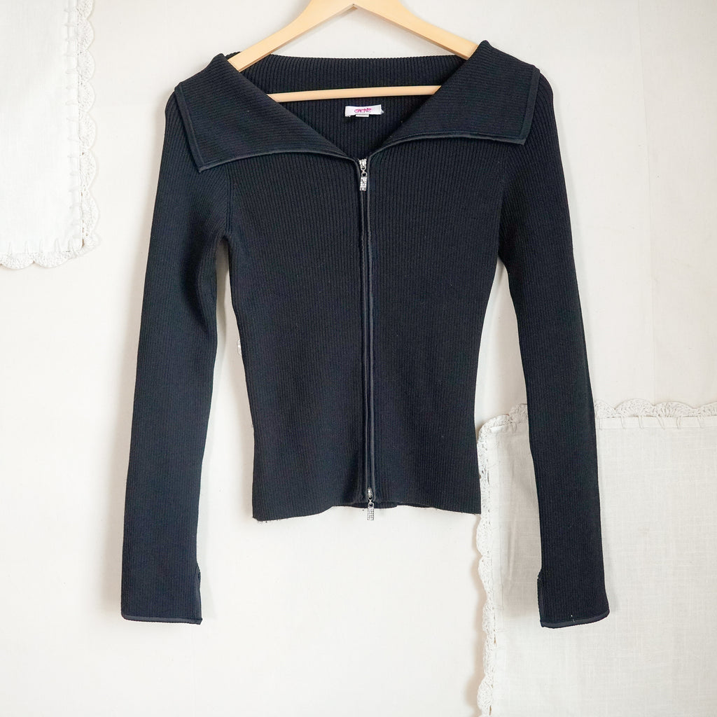 Y2K Cache Black Ribbed Knit Two Way Zip Wide Collar Fitted Cardigan Top S