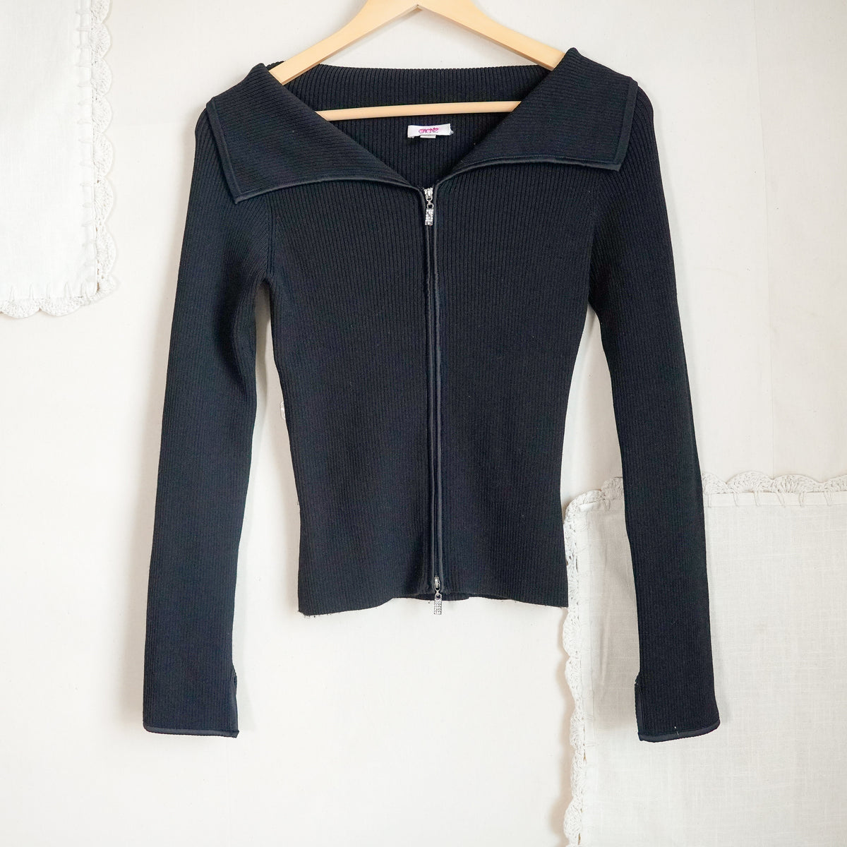 Y2K Cache Black Ribbed Knit Two Way Zip Wide Collar Fitted Cardigan Top S
