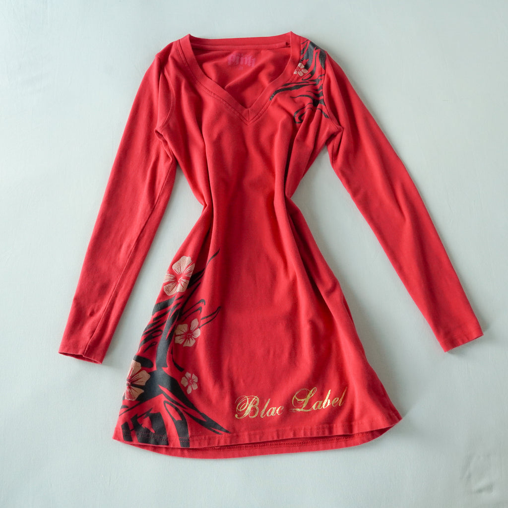 Y2K Blac Label Pink Red Skull Floral Graphic Long Sleeve Mini Dress M