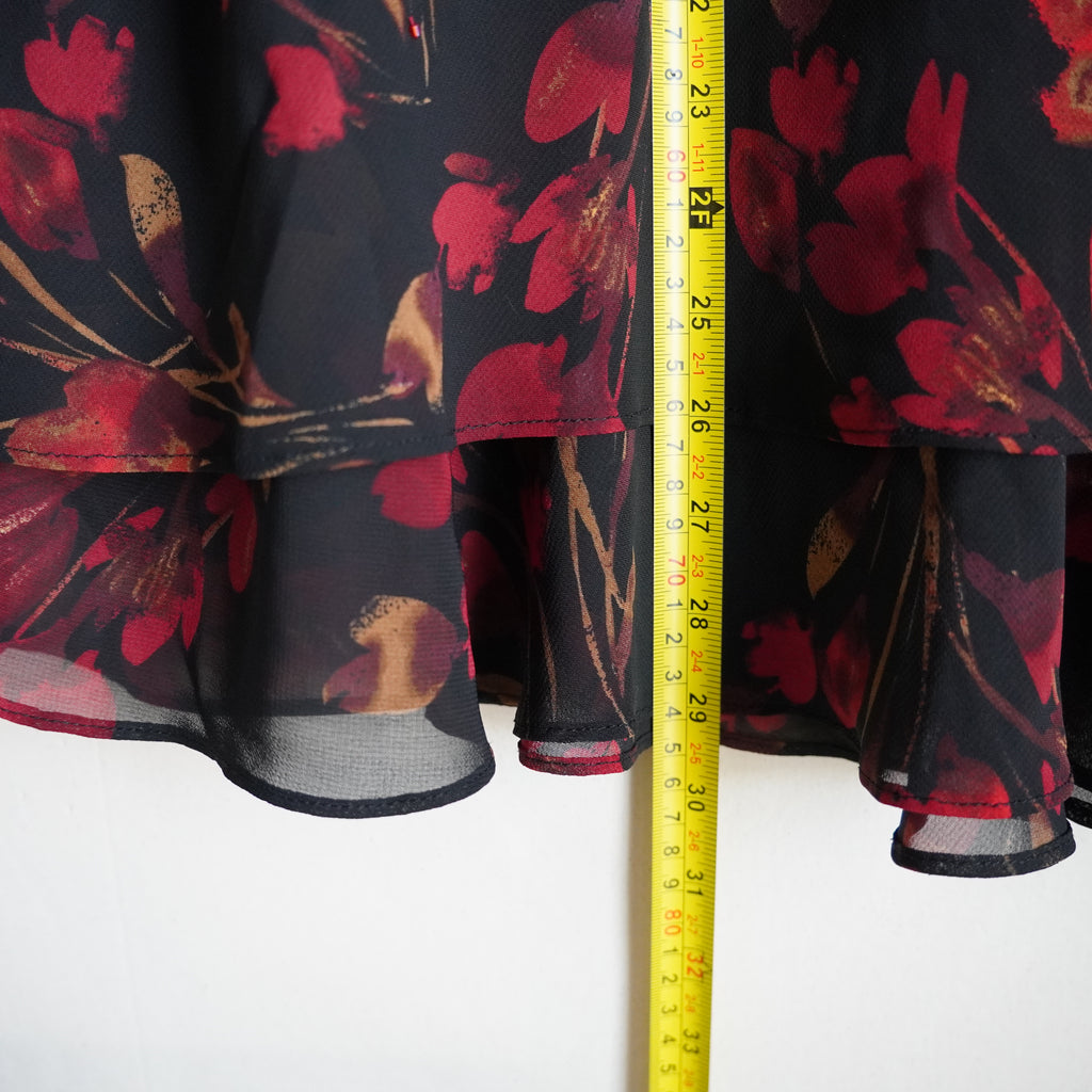 Vintage Y2K JM Collection Floral Chiffon Midi Skirt 10P Beaded Ruffle Black Red