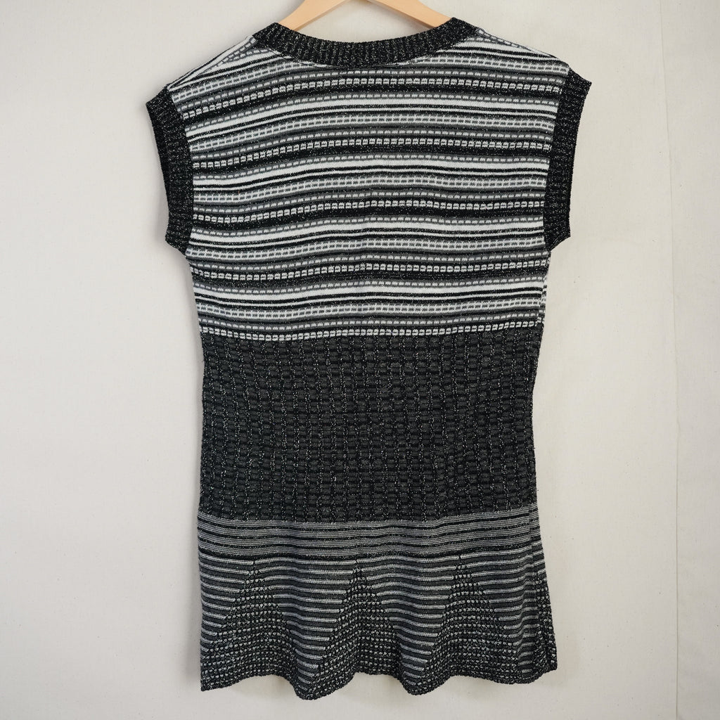 Vintage Say What? Metallic Black Silver Striped Knit Tunic Top Large Made in USA