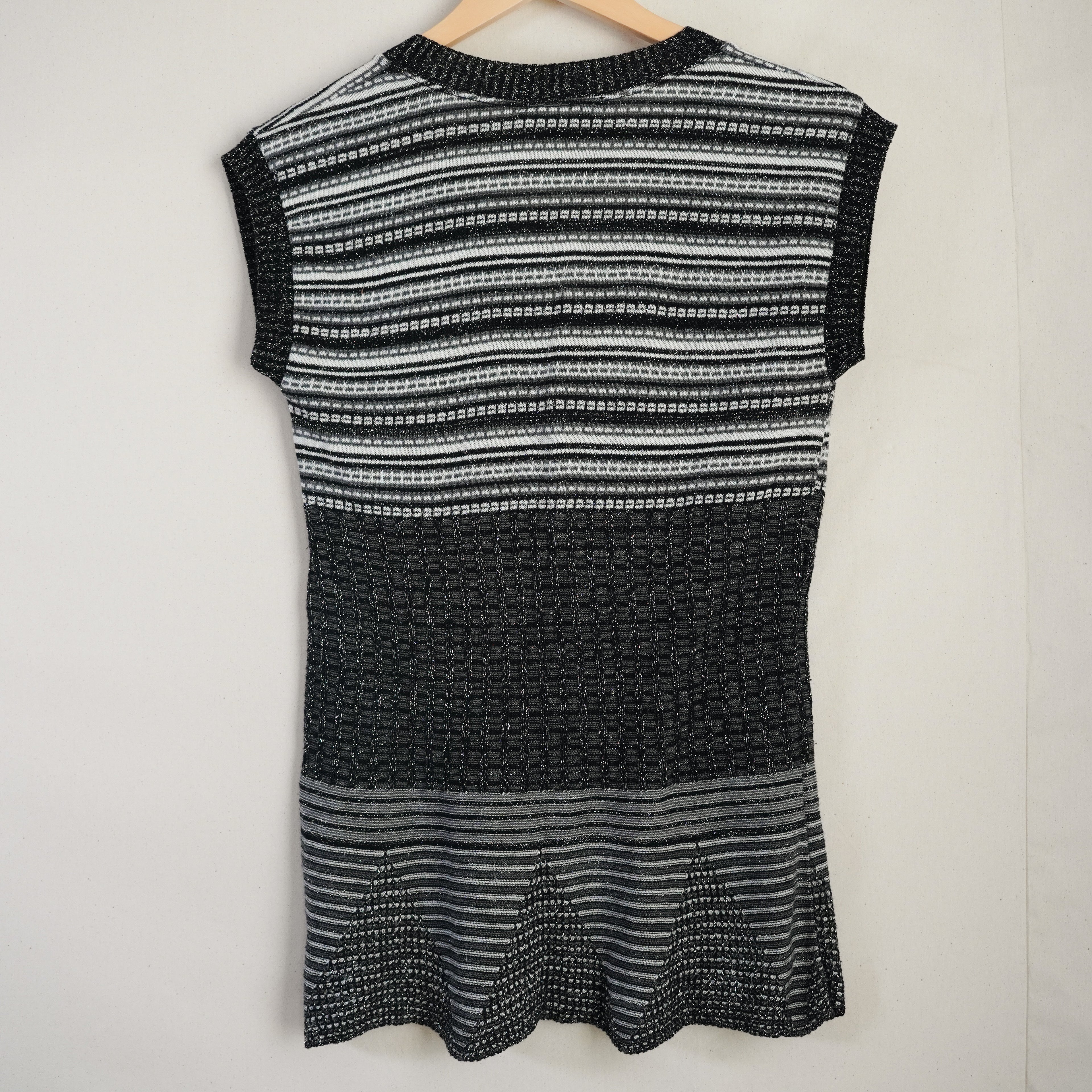 Vintage Say What? Metallic Black Silver Striped Knit Tunic Top Large Made in USA