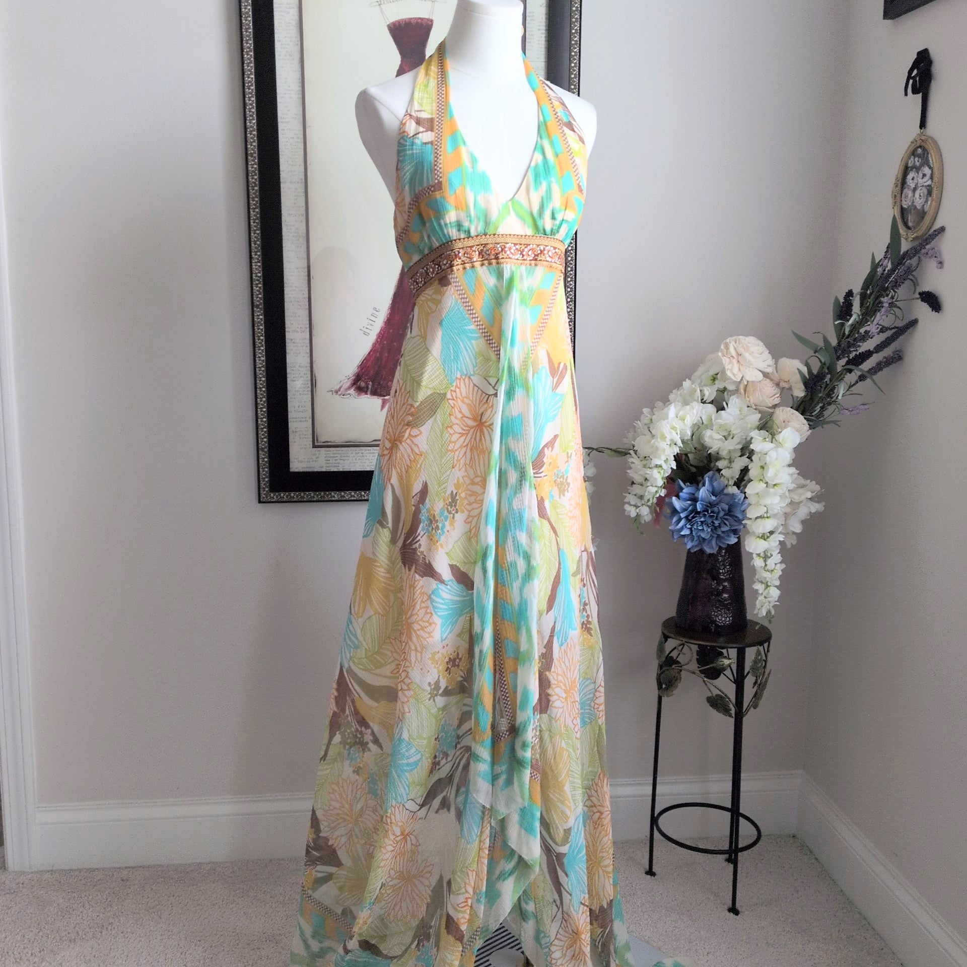 Nicole Miller Studio 100% Silk Halter Maxi Dress Tropical Beaded Empire Waist Size 4