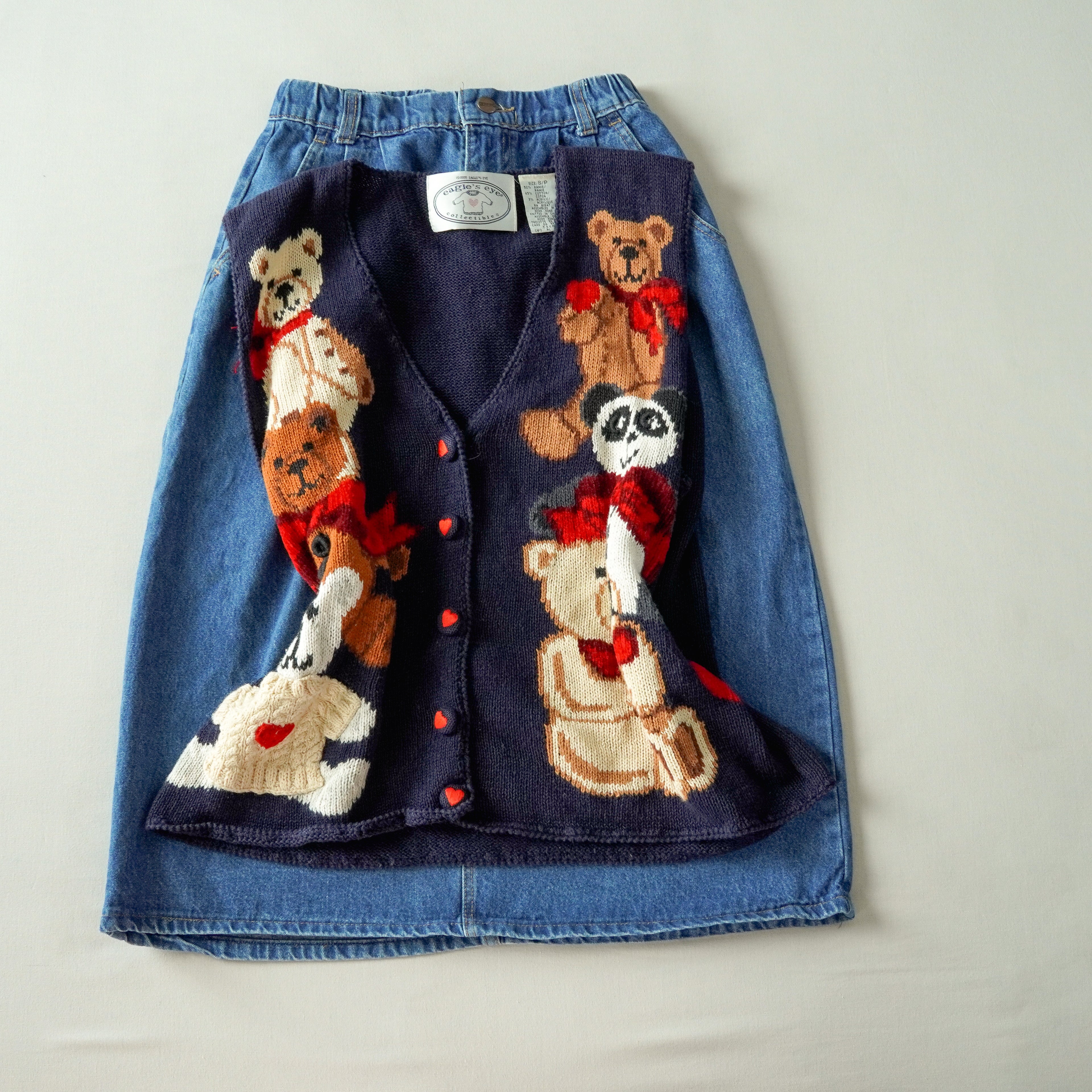 Vintage Eagle's Eye Teddy Bear Knit Sweater Vest Navy Ramie Cotton Cardigan – Size Small