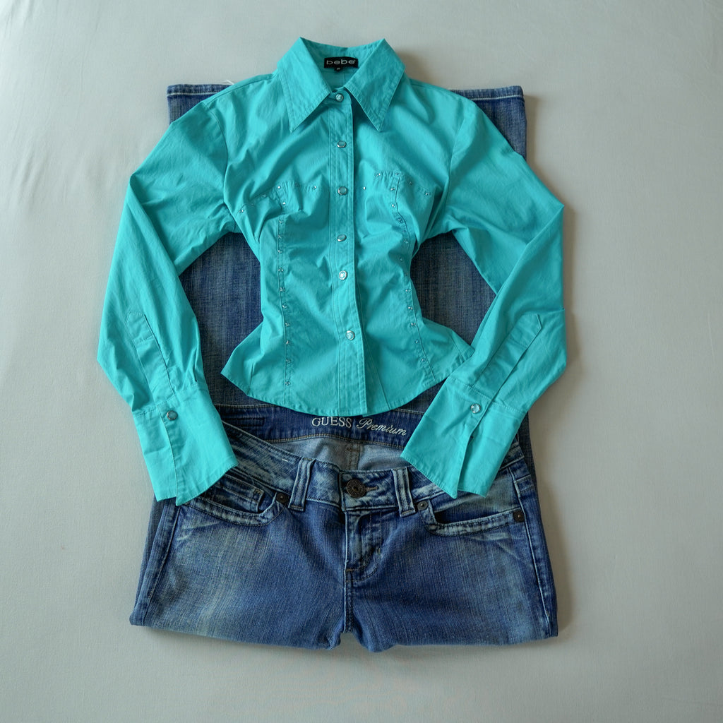 Bebe Y2K Turquoise Jewel Snap Fitted Button-Up Shirt | Small | Made in USA