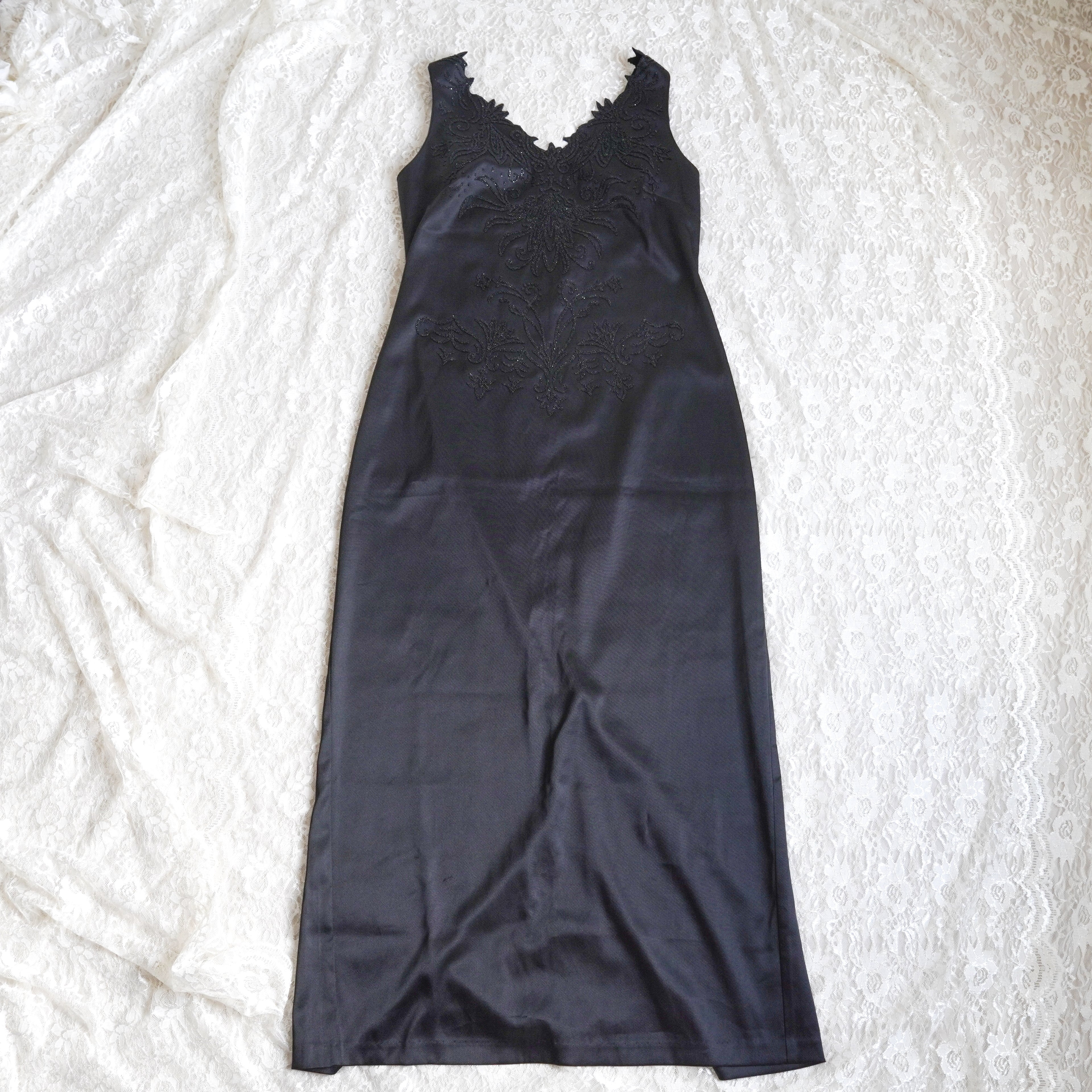 CDC Black Beaded Deep V Evening Gown