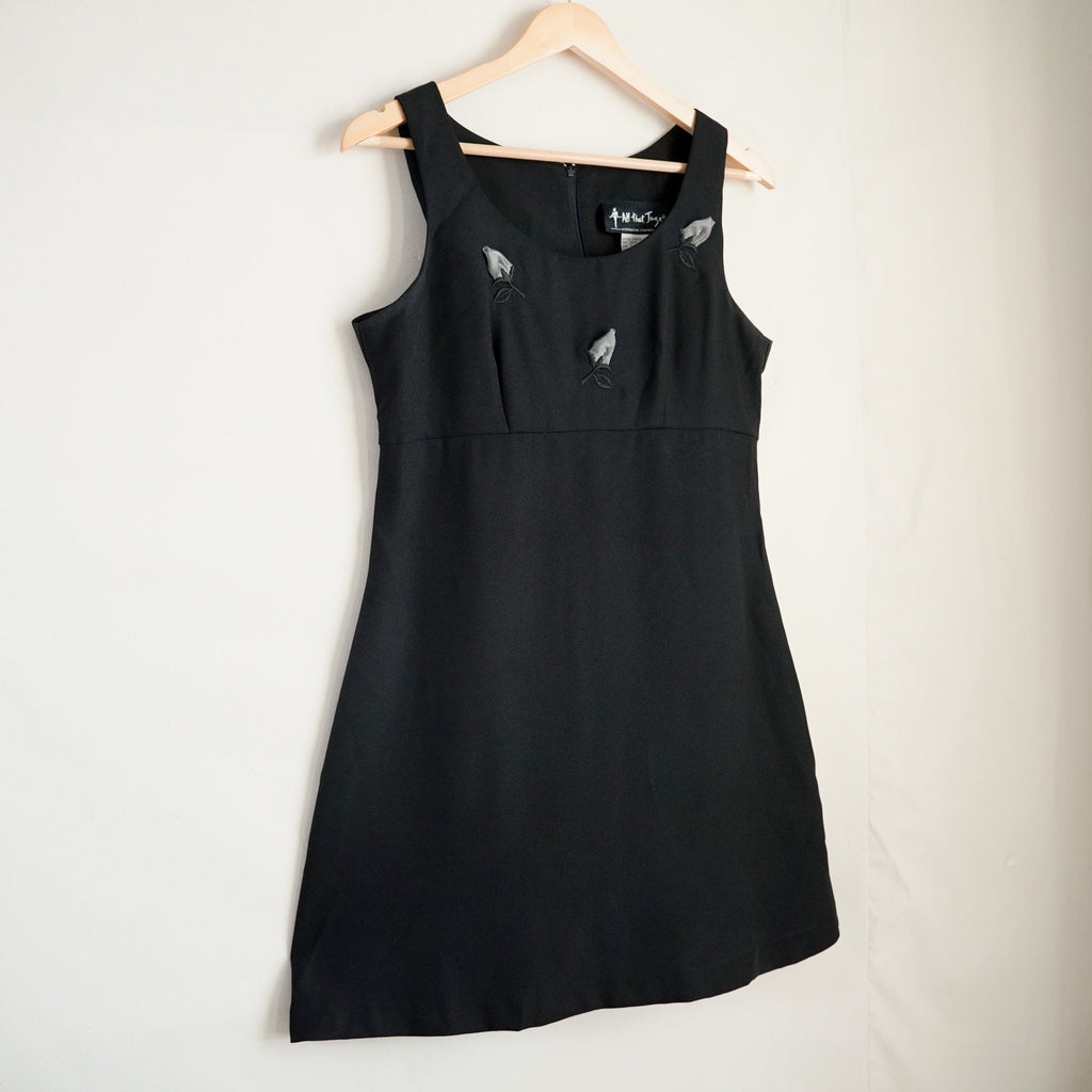 All That Jazz Black Rose Appliqué Mini Dress | Vintage | Size 7/8