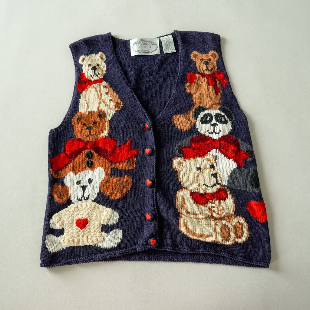 Vintage Eagle's Eye Teddy Bear Knit Sweater Vest Navy Ramie Cotton Cardigan – Size Small
