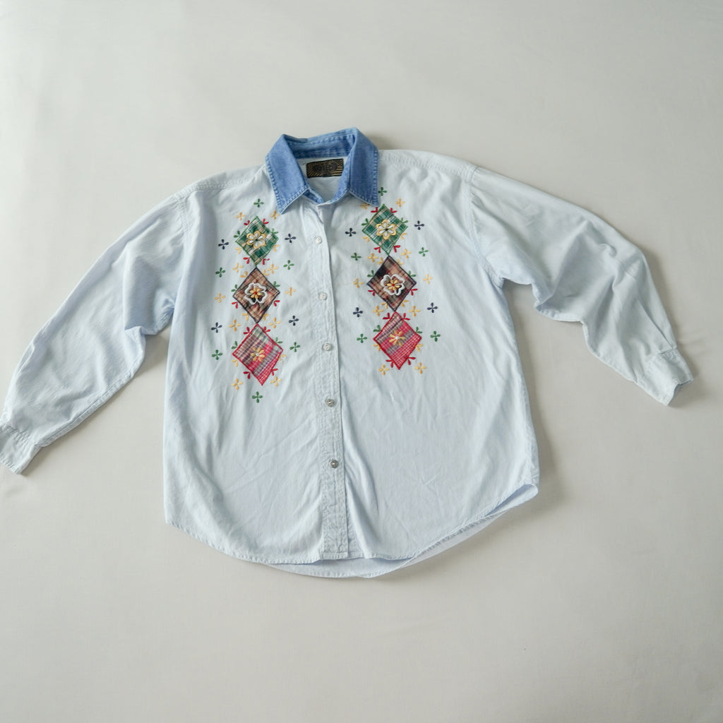 Vintage 90s New Directions Embroidered Patchwork Denim Collar Button-Up Shirt | Medium