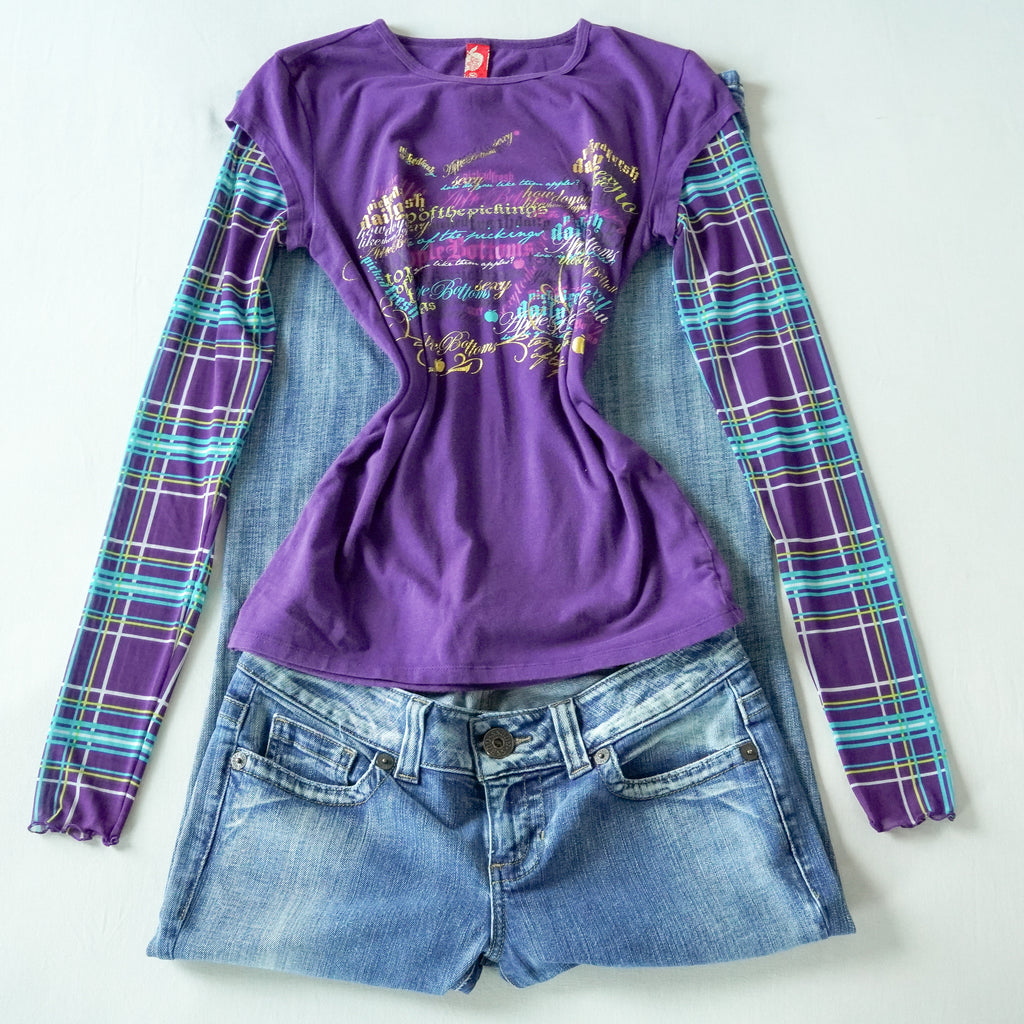 Apple Bottoms Purple Graphic Plaid Layered Long Sleeve | Y2K | Medium