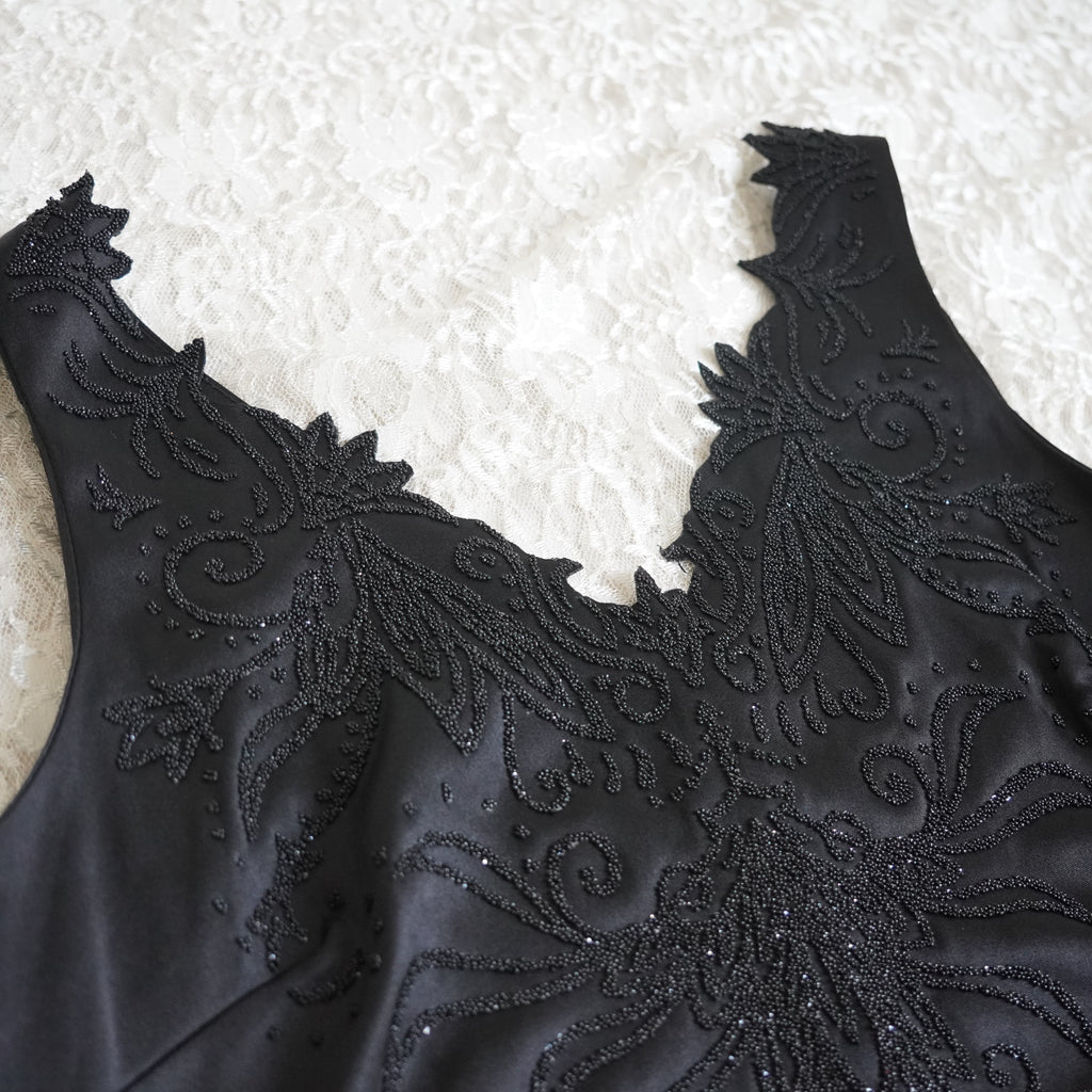 CDC Black Beaded Deep V Evening Gown